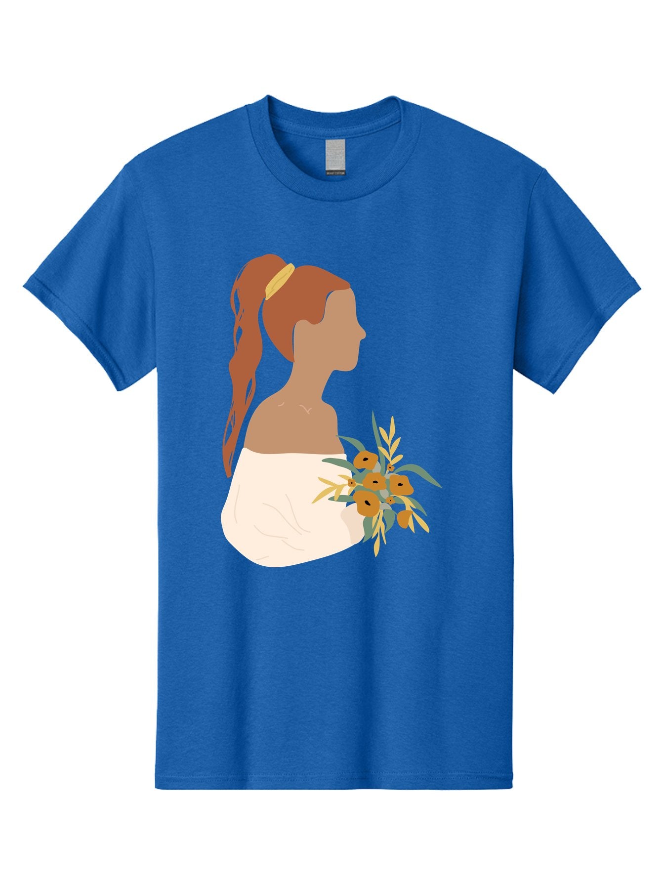 Woman-With-Bouquet Men'S Graphic Tee, 100% Cotton, Comfortable Casual Summer Wear, Machine Washable, Woman In White Dress, Bouquet Of Flowers, Brown Hair, Off-The-Shoulder Neckline, Elegant Hairstyle, Golden Hairband, Yellow Flowers, Aae070 15
