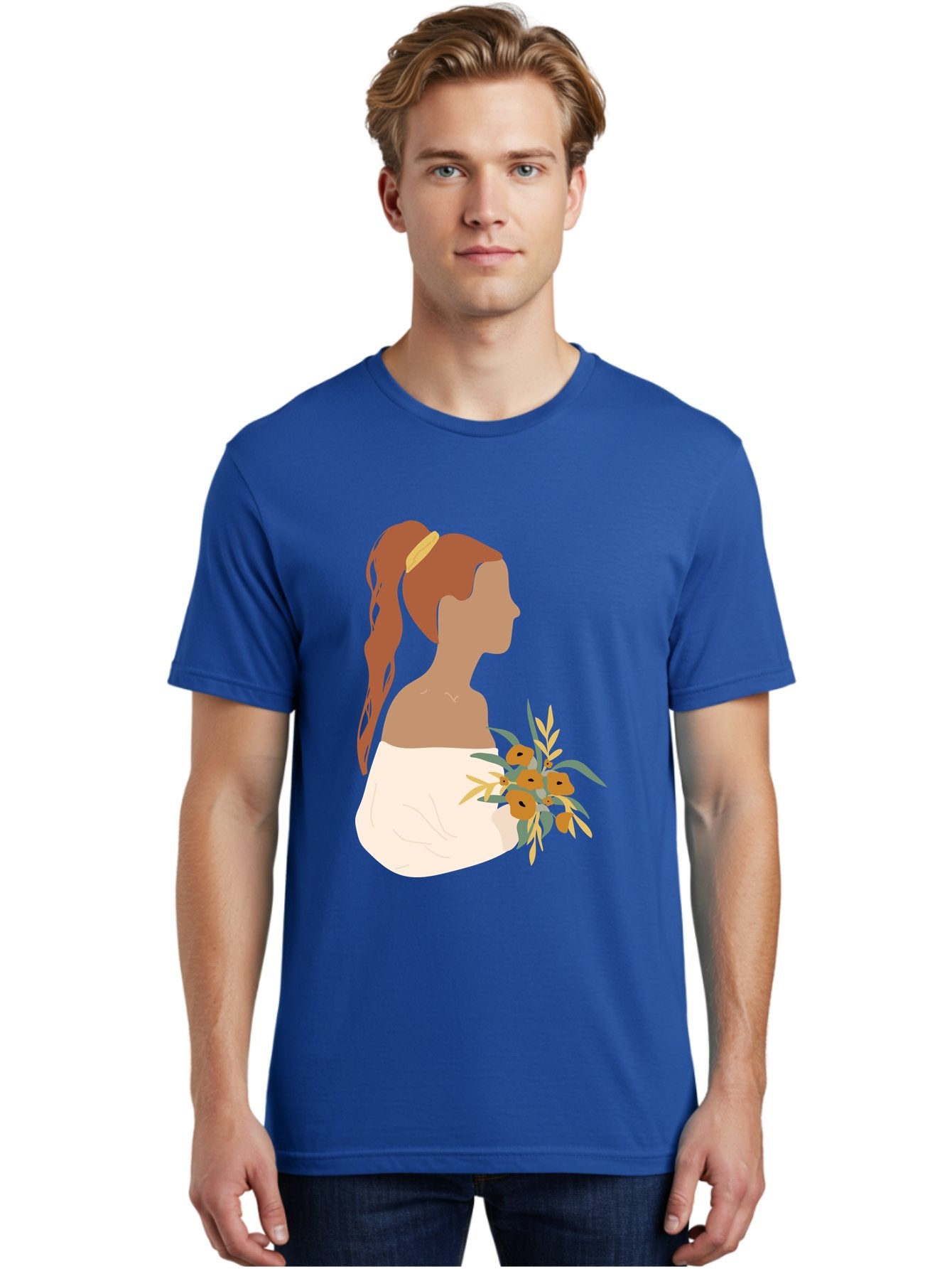 Woman-With-Bouquet Men'S Graphic Tee, 100% Cotton, Comfortable Casual Summer Wear, Machine Washable, Woman In White Dress, Bouquet Of Flowers, Brown Hair, Off-The-Shoulder Neckline, Elegant Hairstyle, Golden Hairband, Yellow Flowers, Aae070 30