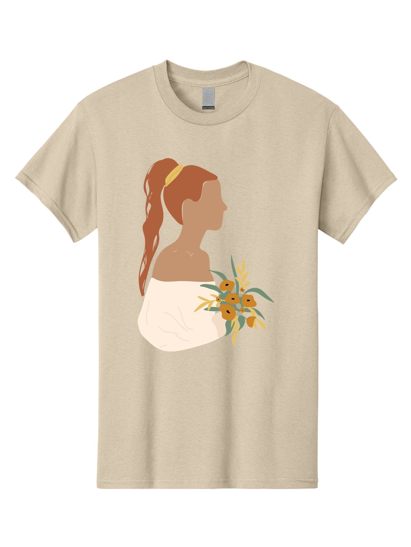Woman-With-Bouquet Men'S Graphic Tee, 100% Cotton, Comfortable Casual Summer Wear, Machine Washable, Woman In White Dress, Bouquet Of Flowers, Brown Hair, Off-The-Shoulder Neckline, Elegant Hairstyle, Golden Hairband, Yellow Flowers, Aae070 12