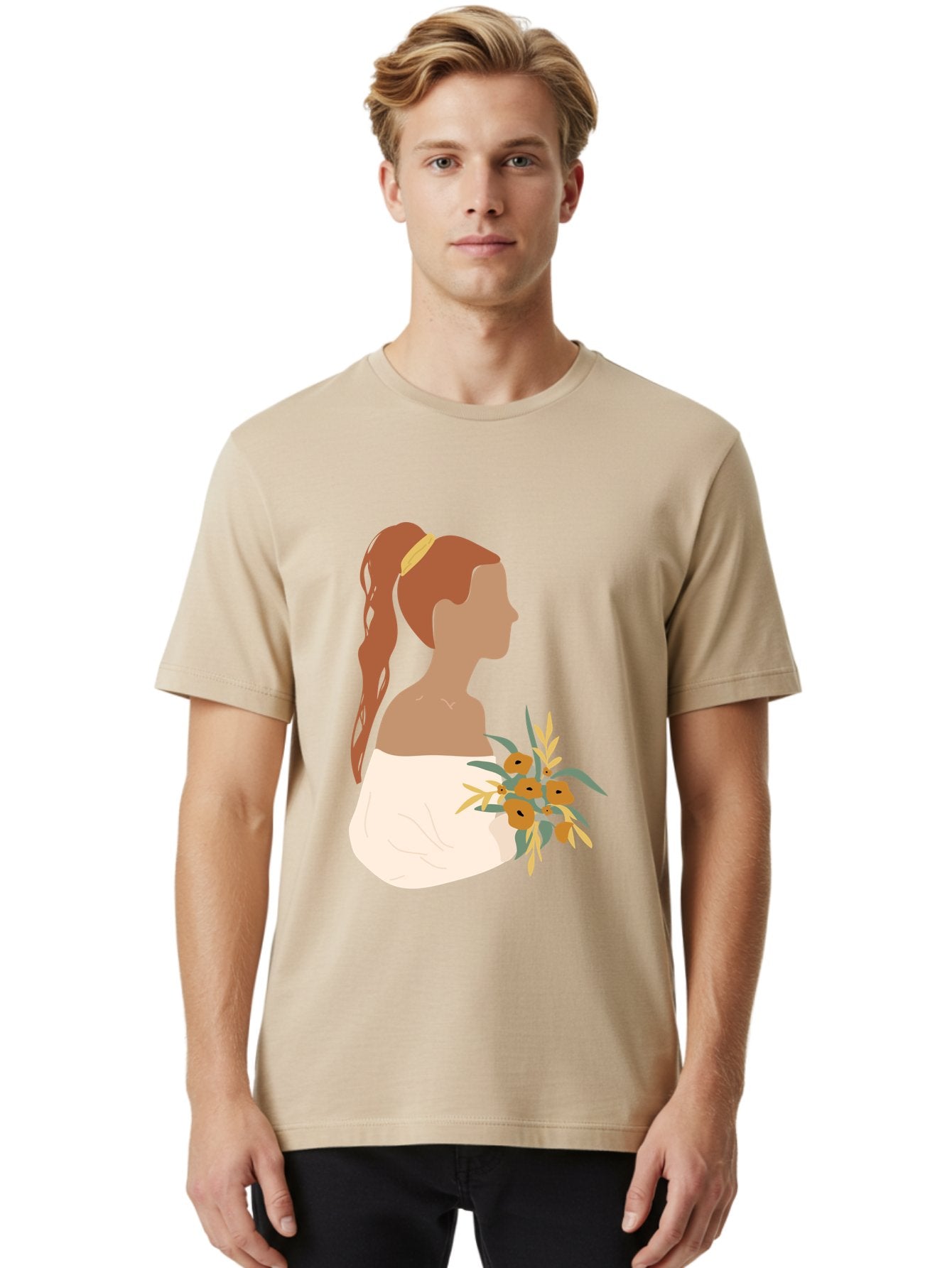 Woman-With-Bouquet Men'S Graphic Tee, 100% Cotton, Comfortable Casual Summer Wear, Machine Washable, Woman In White Dress, Bouquet Of Flowers, Brown Hair, Off-The-Shoulder Neckline, Elegant Hairstyle, Golden Hairband, Yellow Flowers, Aae070 28