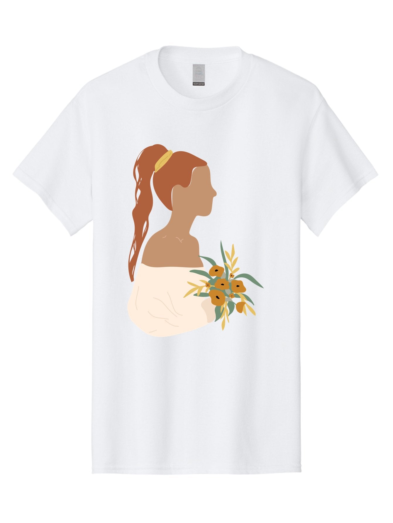 Woman-With-Bouquet Men'S Graphic Tee, 100% Cotton, Comfortable Casual Summer Wear, Machine Washable, Woman In White Dress, Bouquet Of Flowers, Brown Hair, Off-The-Shoulder Neckline, Elegant Hairstyle, Golden Hairband, Yellow Flowers, Aae070