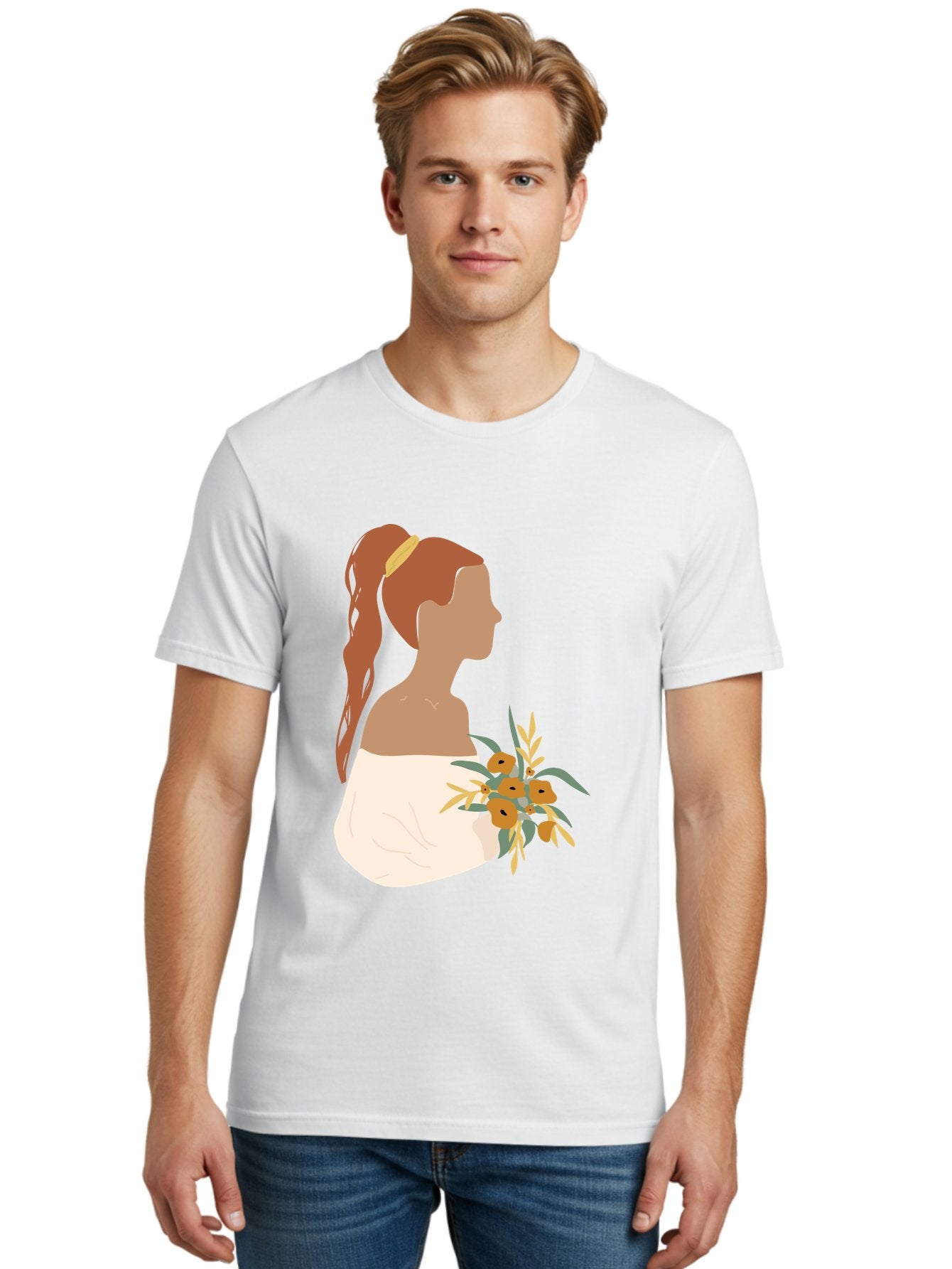 Woman-With-Bouquet Men'S Graphic Tee, 100% Cotton, Comfortable Casual Summer Wear, Machine Washable, Woman In White Dress, Bouquet Of Flowers, Brown Hair, Off-The-Shoulder Neckline, Elegant Hairstyle, Golden Hairband, Yellow Flowers, Aae070 19