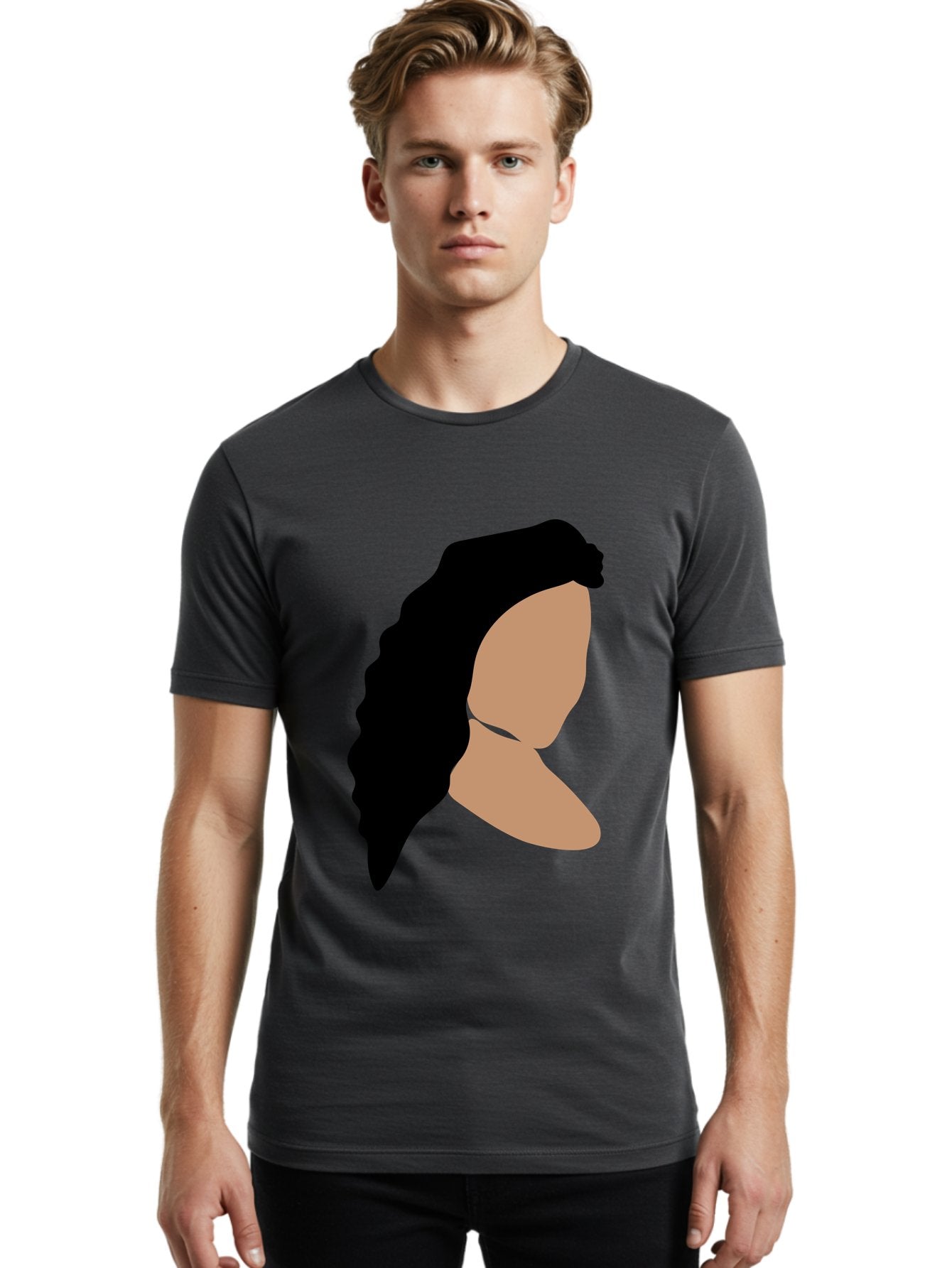 Woman-With-Faceless-Profile Men'S Graphic Tee, 100% Cotton, Comfortable Casual Summer Wear, Machine Washable, Woman With Long Hair, Female Profile, Abstract Portrait, Minimalist Design, Modern Art, Digital Illustration, Simple Shapes, Aae071 24
