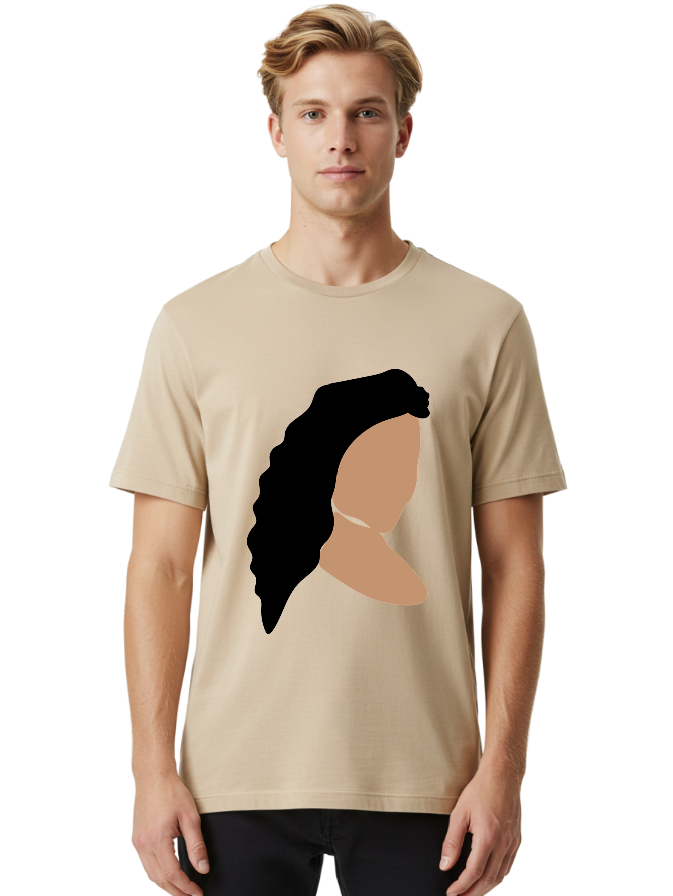 Woman-With-Faceless-Profile Men'S Graphic Tee, 100% Cotton, Comfortable Casual Summer Wear, Machine Washable, Woman With Long Hair, Female Profile, Abstract Portrait, Minimalist Design, Modern Art, Digital Illustration, Simple Shapes, Aae071