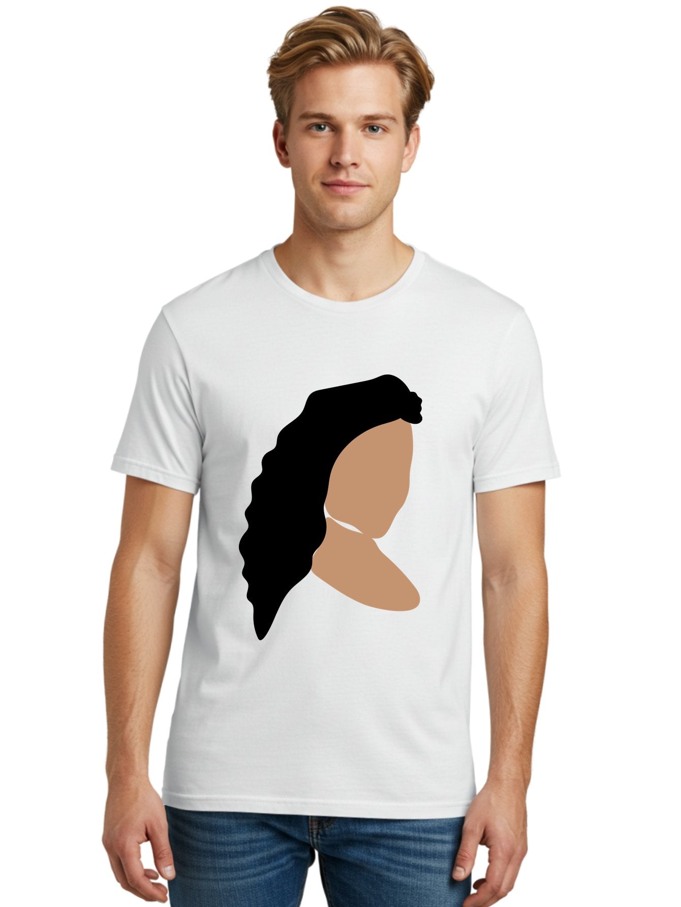 Woman-With-Faceless-Profile Men'S Graphic Tee, 100% Cotton, Comfortable Casual Summer Wear, Machine Washable, Woman With Long Hair, Female Profile, Abstract Portrait, Minimalist Design, Modern Art, Digital Illustration, Simple Shapes, Aae071 17