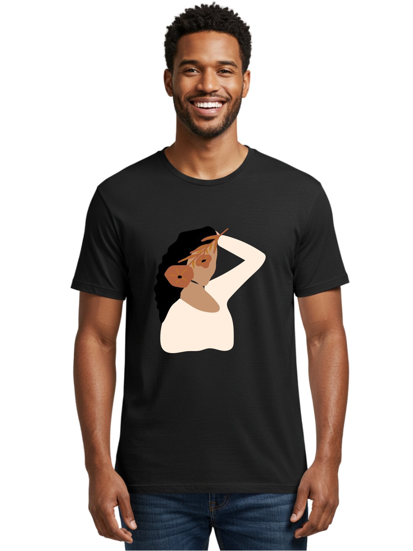 Woman-With-Flower-Earrings Men'S Graphic Tee, 100% Cotton, Comfortable Casual Summer Wear, Machine Washable, Woman With Comb In Hair, Stylized Portrait, Minimalist Art, Female Figure, Hair Accessory, Abstract Style, Modern Illustration, Aae072 27