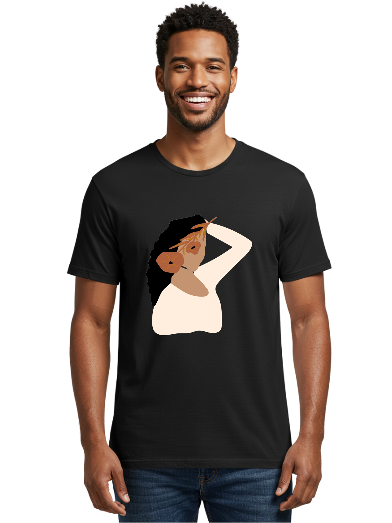 Woman-With-Flower-Earrings Men'S Graphic Tee, 100% Cotton, Comfortable Casual Summer Wear, Machine Washable, Woman With Comb In Hair, Stylized Portrait, Minimalist Art, Female Figure, Hair Accessory, Abstract Style, Modern Illustration, Aae072 8