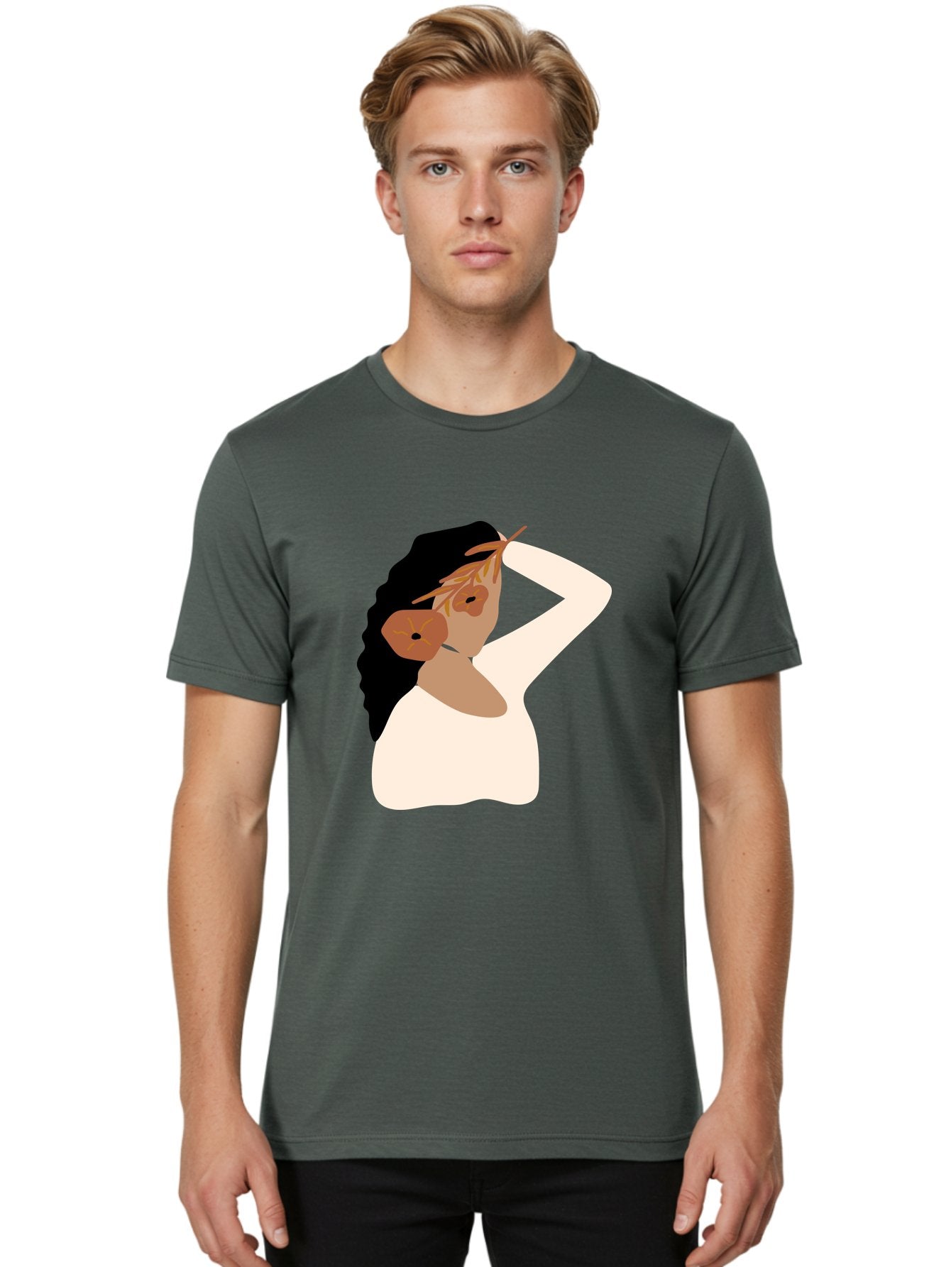 Woman-With-Flower-Earrings Men'S Graphic Tee, 100% Cotton, Comfortable Casual Summer Wear, Machine Washable, Woman With Comb In Hair, Stylized Portrait, Minimalist Art, Female Figure, Hair Accessory, Abstract Style, Modern Illustration, Aae072 16