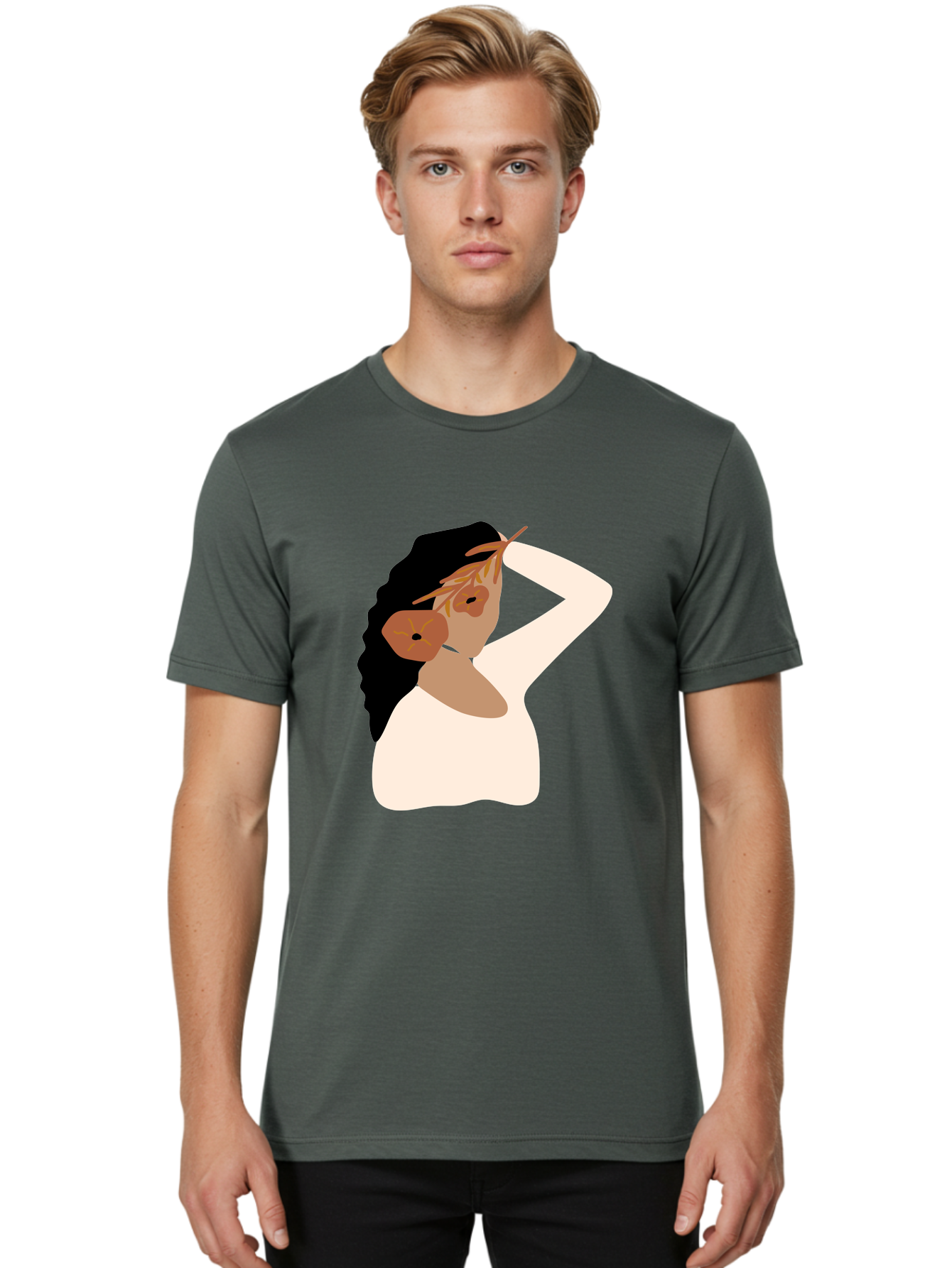 Woman-With-Flower-Earrings Men'S Graphic Tee, 100% Cotton, Comfortable Casual Summer Wear, Machine Washable, Woman With Comb In Hair, Stylized Portrait, Minimalist Art, Female Figure, Hair Accessory, Abstract Style, Modern Illustration, Aae072 26