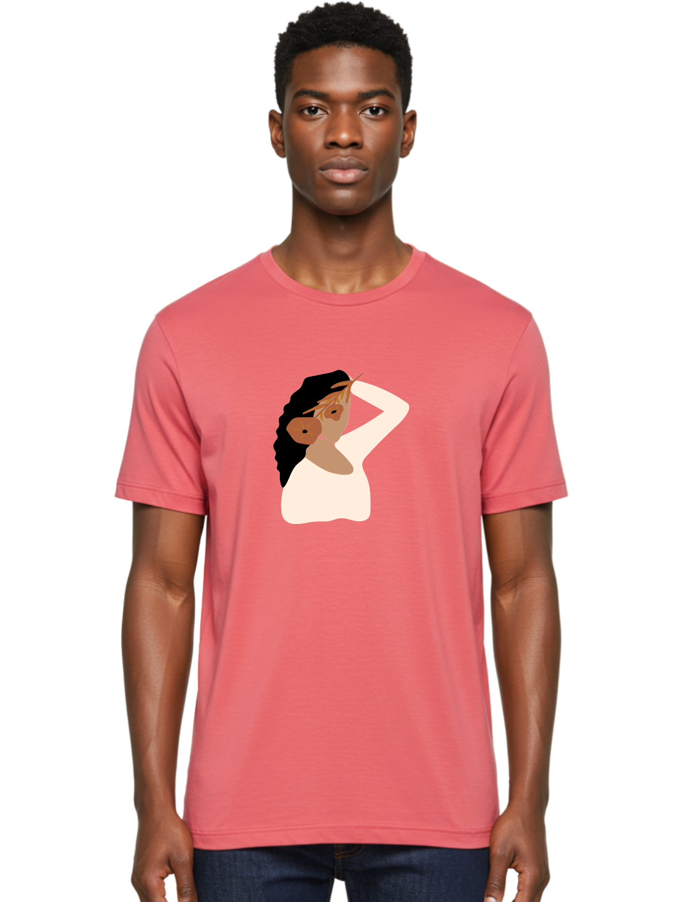 Woman-With-Flower-Earrings Men'S Graphic Tee, 100% Cotton, Comfortable Casual Summer Wear, Machine Washable, Woman With Comb In Hair, Stylized Portrait, Minimalist Art, Female Figure, Hair Accessory, Abstract Style, Modern Illustration, Aae072 22