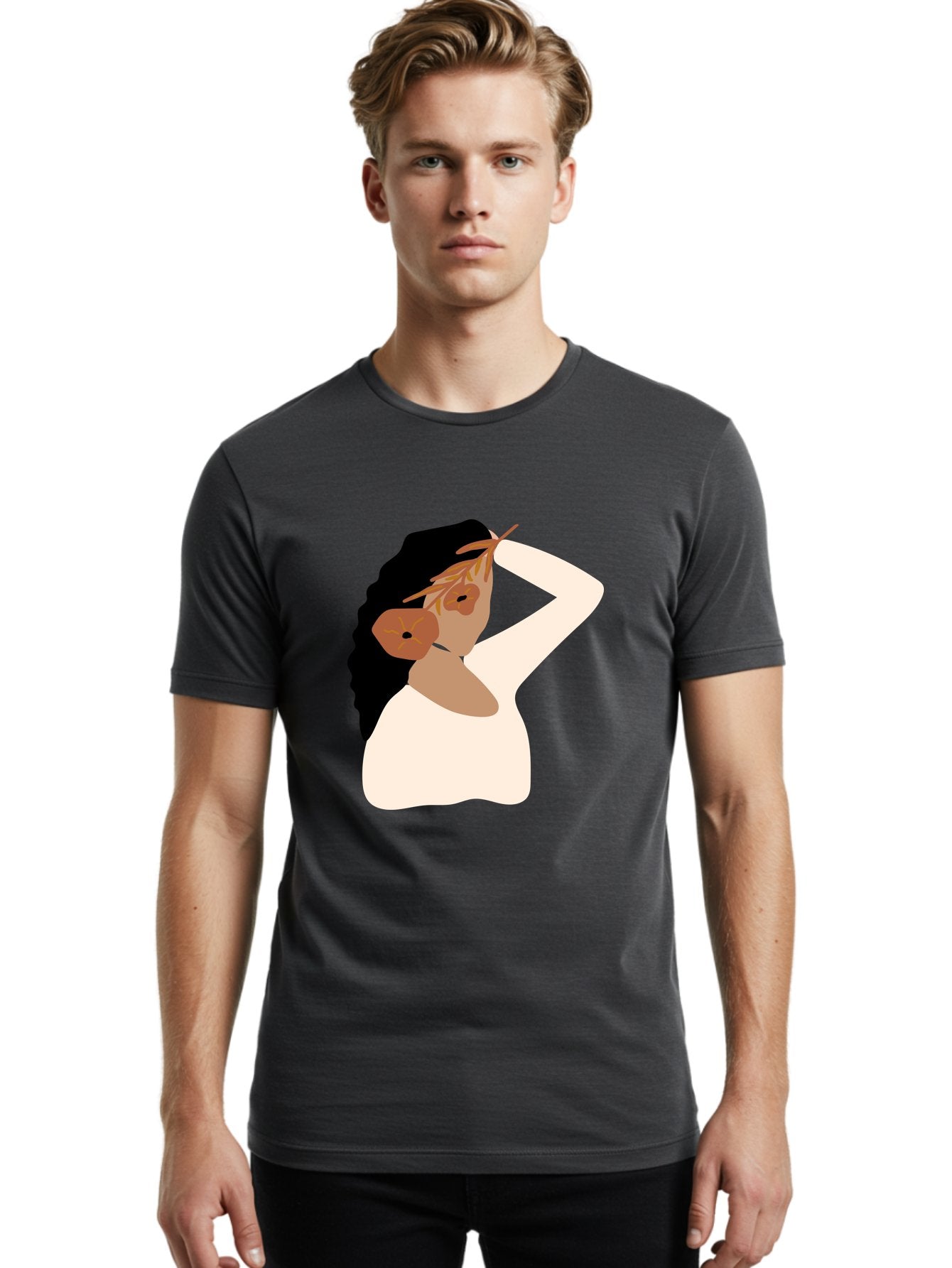 Woman-With-Flower-Earrings Men'S Graphic Tee, 100% Cotton, Comfortable Casual Summer Wear, Machine Washable, Woman With Comb In Hair, Stylized Portrait, Minimalist Art, Female Figure, Hair Accessory, Abstract Style, Modern Illustration, Aae072 23