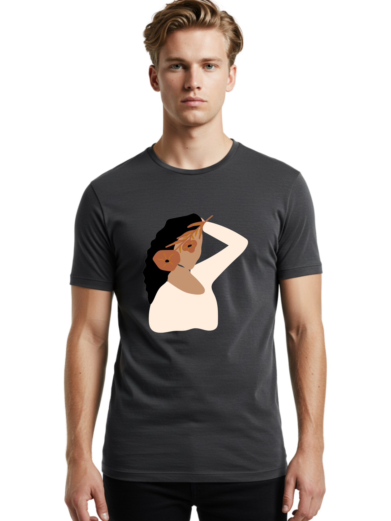 Woman-With-Flower-Earrings Men'S Graphic Tee, 100% Cotton, Comfortable Casual Summer Wear, Machine Washable, Woman With Comb In Hair, Stylized Portrait, Minimalist Art, Female Figure, Hair Accessory, Abstract Style, Modern Illustration, Aae072 16