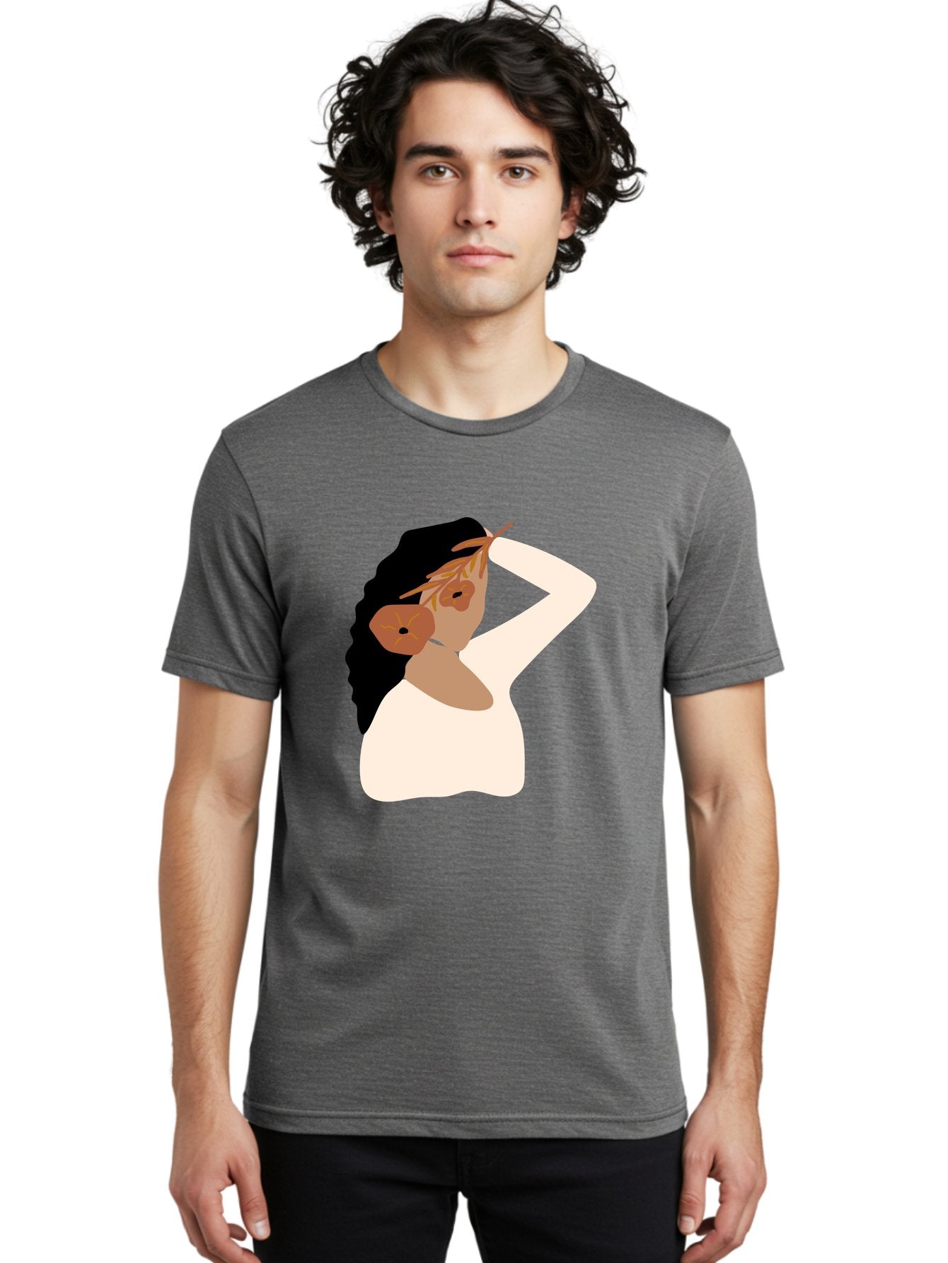 Woman-With-Flower-Earrings Men'S Graphic Tee, 100% Cotton, Comfortable Casual Summer Wear, Machine Washable, Woman With Comb In Hair, Stylized Portrait, Minimalist Art, Female Figure, Hair Accessory, Abstract Style, Modern Illustration, Aae072 17