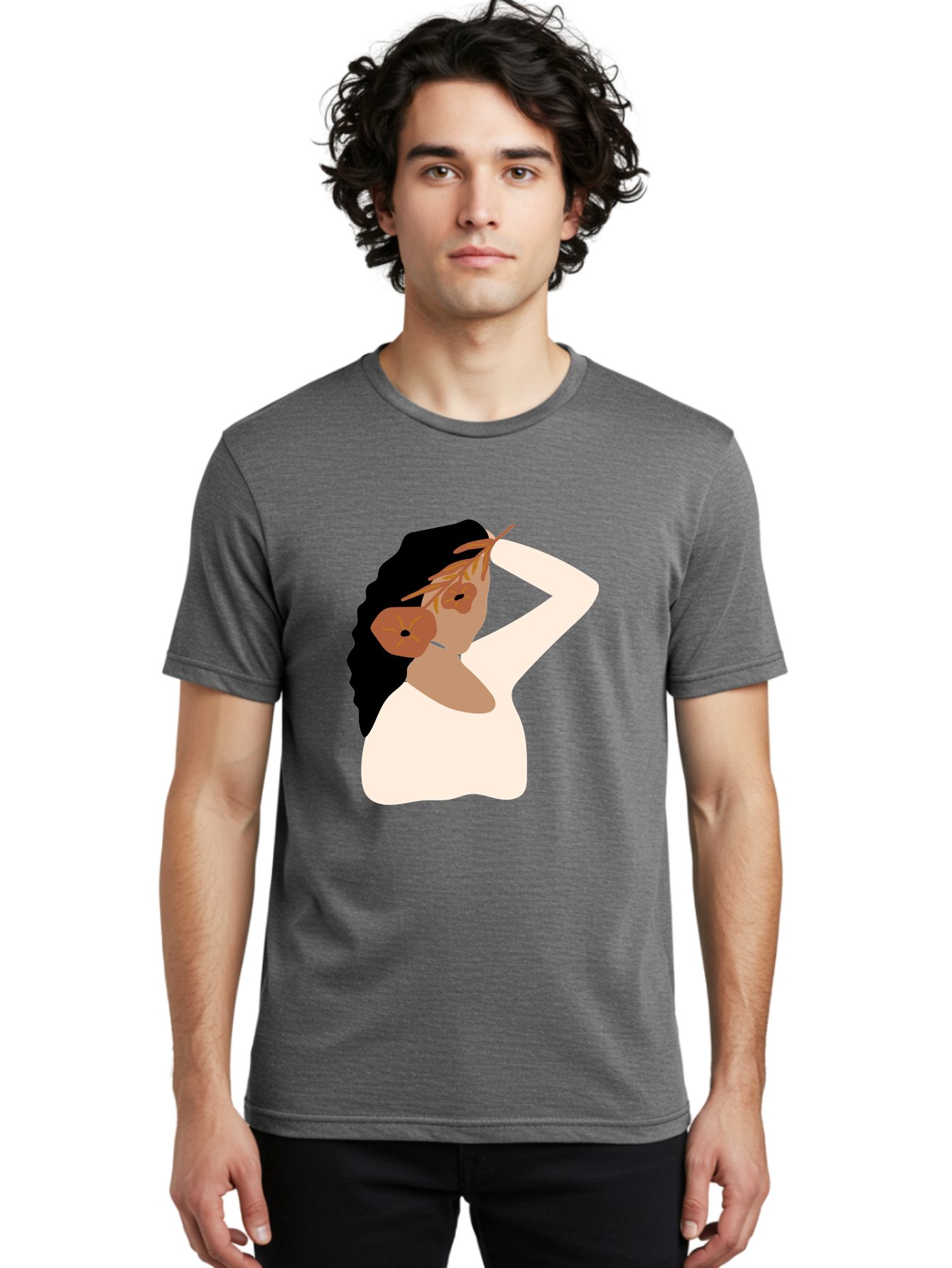 Woman-With-Flower-Earrings Men'S Graphic Tee, 100% Cotton, Comfortable Casual Summer Wear, Machine Washable, Woman With Comb In Hair, Stylized Portrait, Minimalist Art, Female Figure, Hair Accessory, Abstract Style, Modern Illustration, Aae072 28