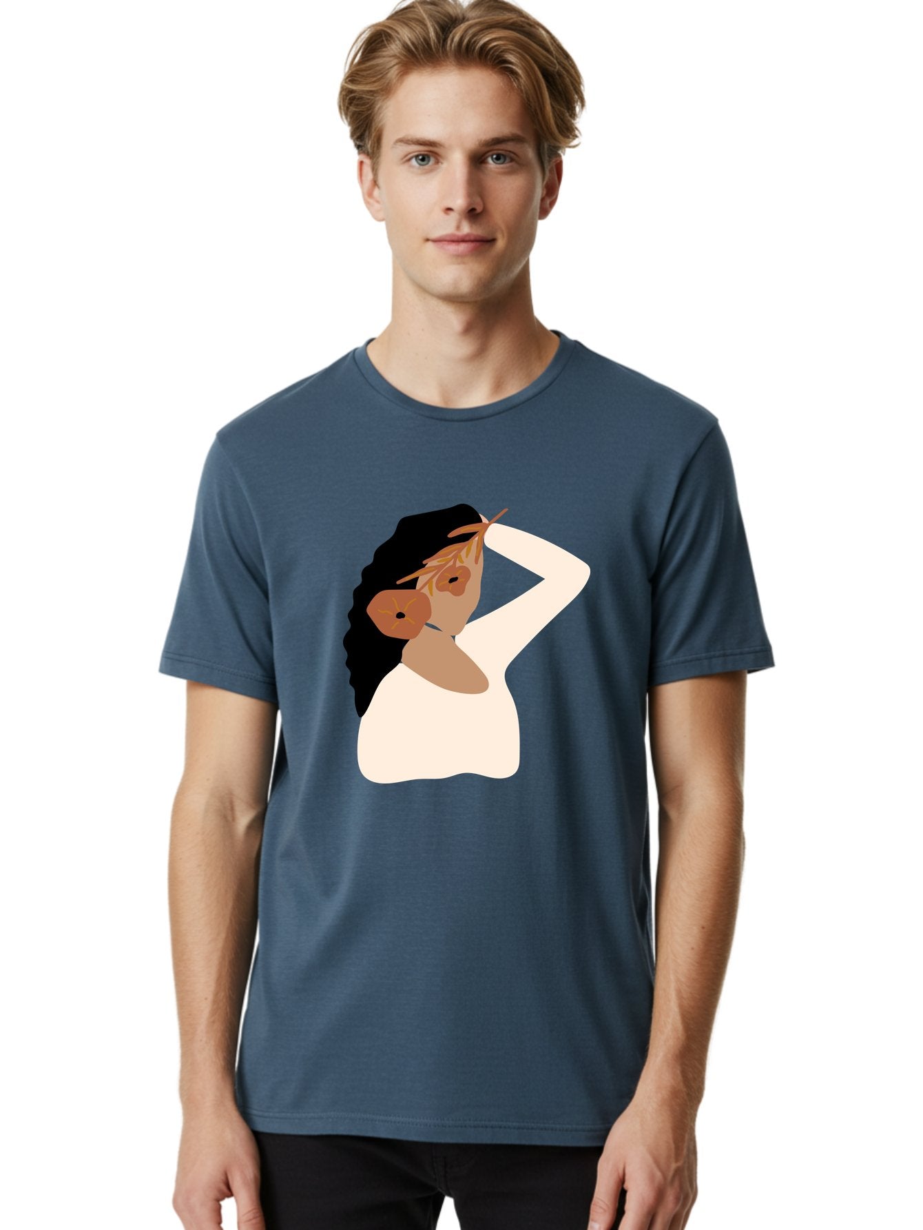 Woman-With-Flower-Earrings Men'S Graphic Tee, 100% Cotton, Comfortable Casual Summer Wear, Machine Washable, Woman With Comb In Hair, Stylized Portrait, Minimalist Art, Female Figure, Hair Accessory, Abstract Style, Modern Illustration, Aae072 20