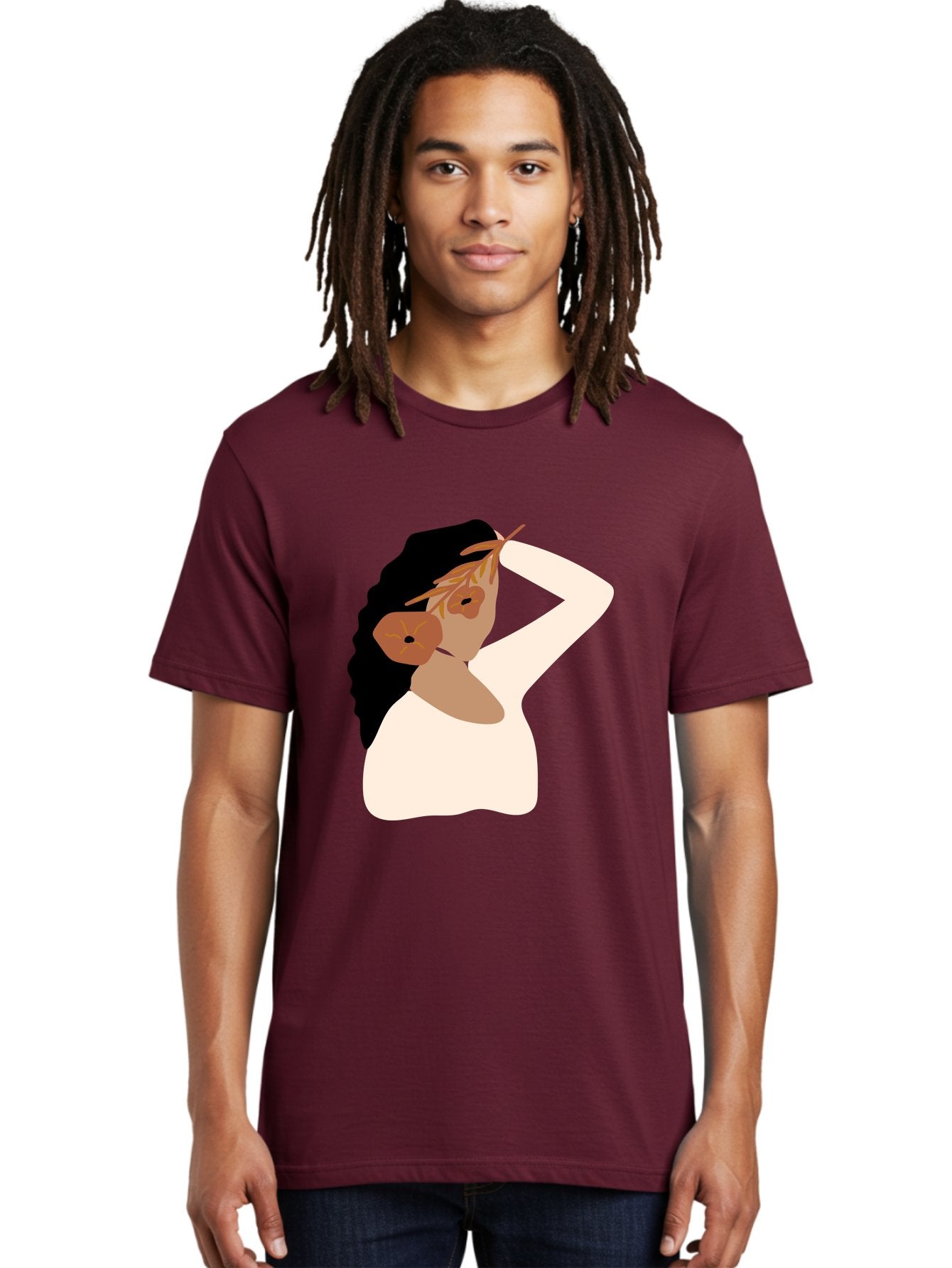 Woman-With-Flower-Earrings Men'S Graphic Tee, 100% Cotton, Comfortable Casual Summer Wear, Machine Washable, Woman With Comb In Hair, Stylized Portrait, Minimalist Art, Female Figure, Hair Accessory, Abstract Style, Modern Illustration, Aae072 18