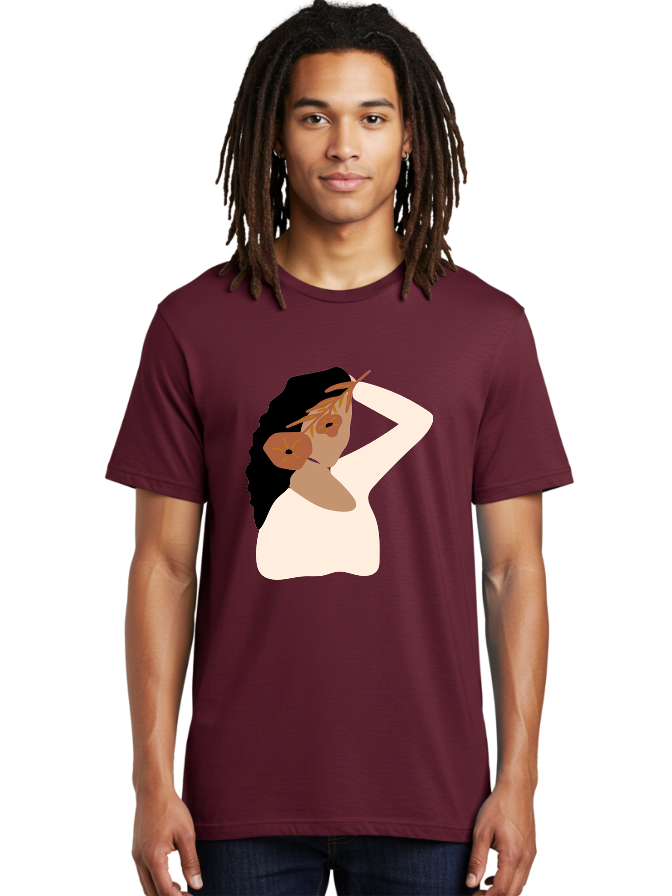 Woman-With-Flower-Earrings Men'S Graphic Tee, 100% Cotton, Comfortable Casual Summer Wear, Machine Washable, Woman With Comb In Hair, Stylized Portrait, Minimalist Art, Female Figure, Hair Accessory, Abstract Style, Modern Illustration, Aae072 24