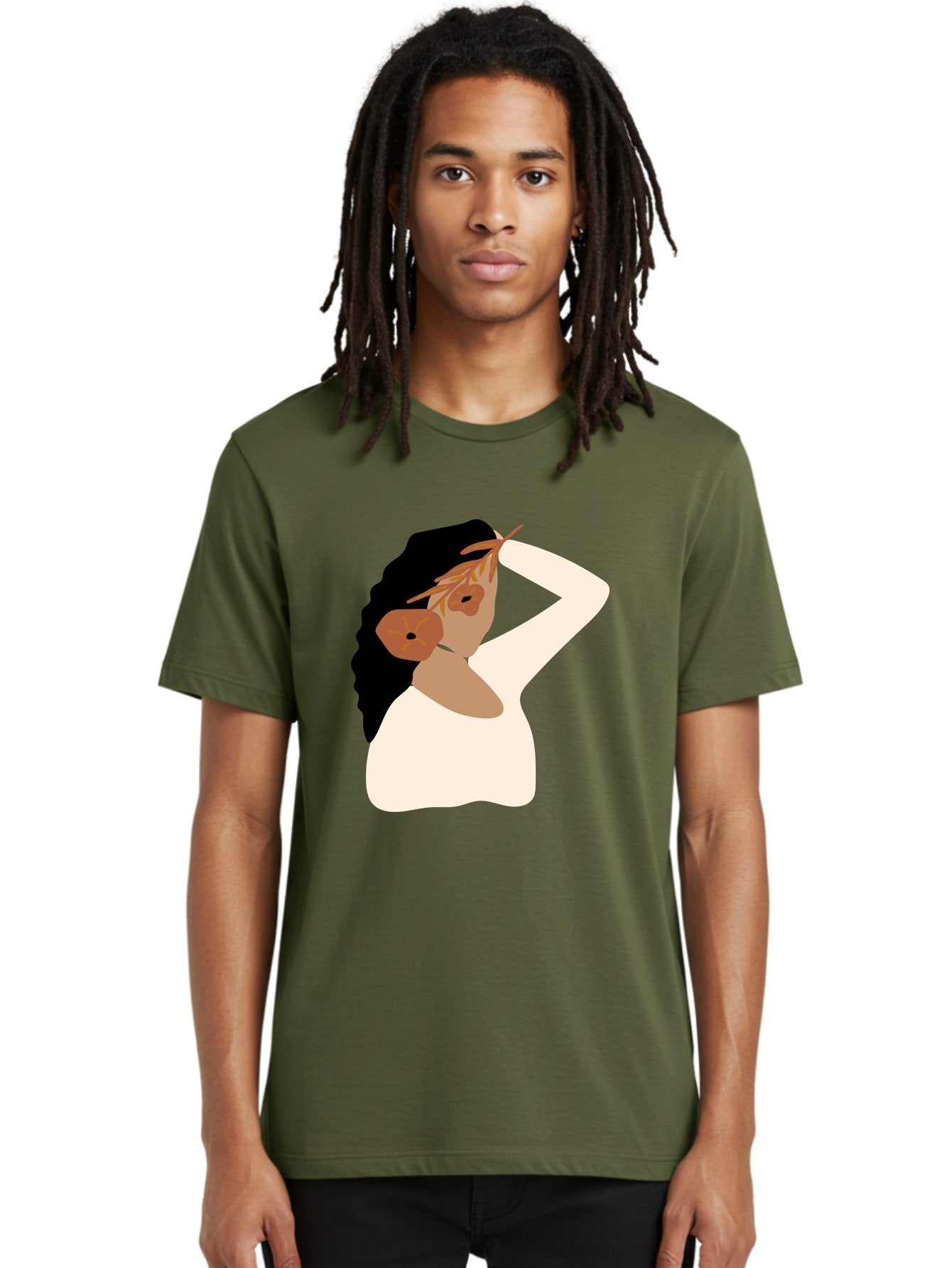 Woman-With-Flower-Earrings Men'S Graphic Tee, 100% Cotton, Comfortable Casual Summer Wear, Machine Washable, Woman With Comb In Hair, Stylized Portrait, Minimalist Art, Female Figure, Hair Accessory, Abstract Style, Modern Illustration, Aae072 25