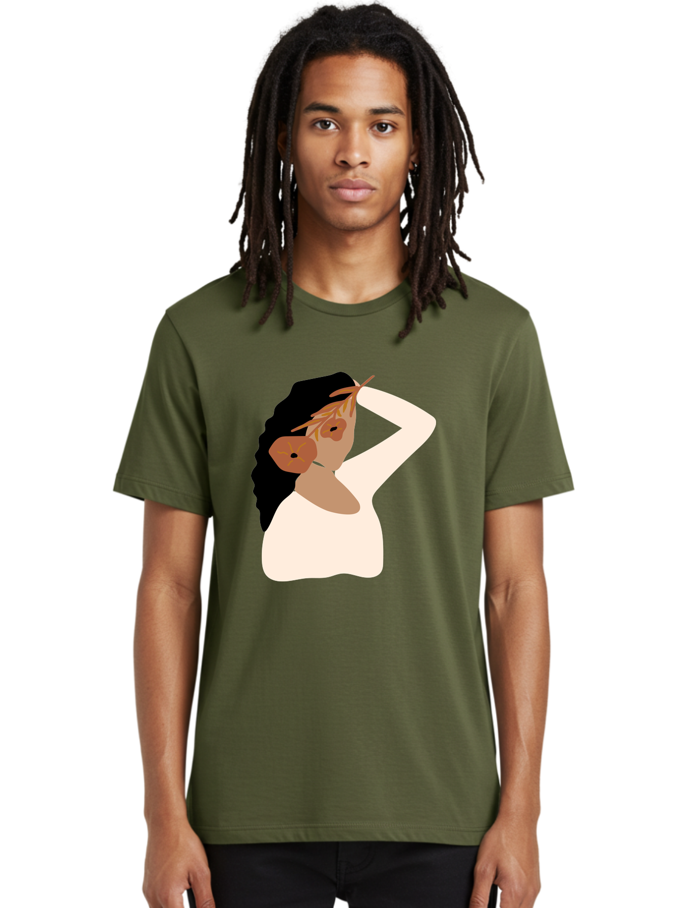 Woman-With-Flower-Earrings Men'S Graphic Tee, 100% Cotton, Comfortable Casual Summer Wear, Machine Washable, Woman With Comb In Hair, Stylized Portrait, Minimalist Art, Female Figure, Hair Accessory, Abstract Style, Modern Illustration, Aae072 12