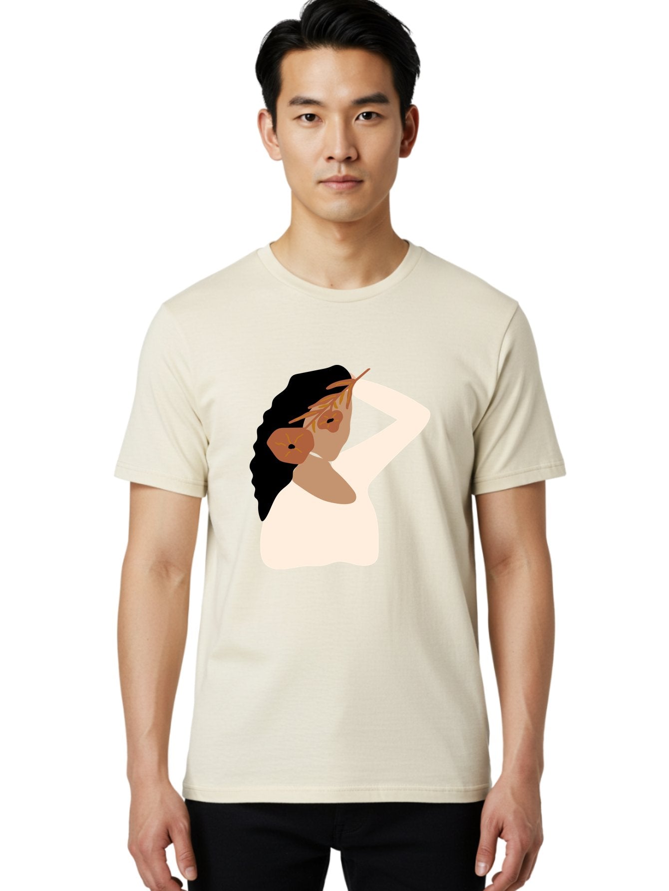 Woman-With-Flower-Earrings Men'S Graphic Tee, 100% Cotton, Comfortable Casual Summer Wear, Machine Washable, Woman With Comb In Hair, Stylized Portrait, Minimalist Art, Female Figure, Hair Accessory, Abstract Style, Modern Illustration, Aae072 24