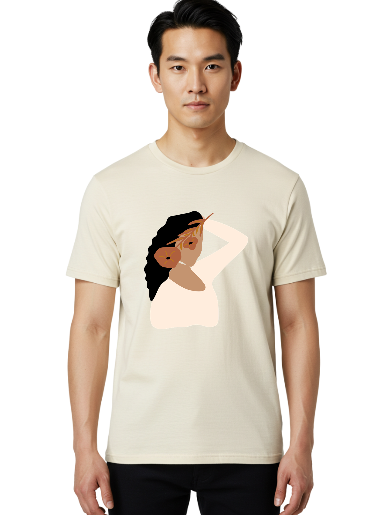 Woman-With-Flower-Earrings Men'S Graphic Tee, 100% Cotton, Comfortable Casual Summer Wear, Machine Washable, Woman With Comb In Hair, Stylized Portrait, Minimalist Art, Female Figure, Hair Accessory, Abstract Style, Modern Illustration, Aae072 14