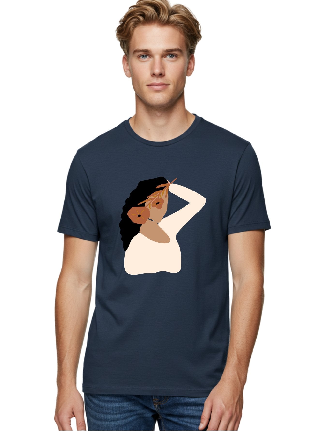 Woman-With-Flower-Earrings Men'S Graphic Tee, 100% Cotton, Comfortable Casual Summer Wear, Machine Washable, Woman With Comb In Hair, Stylized Portrait, Minimalist Art, Female Figure, Hair Accessory, Abstract Style, Modern Illustration, Aae072 30