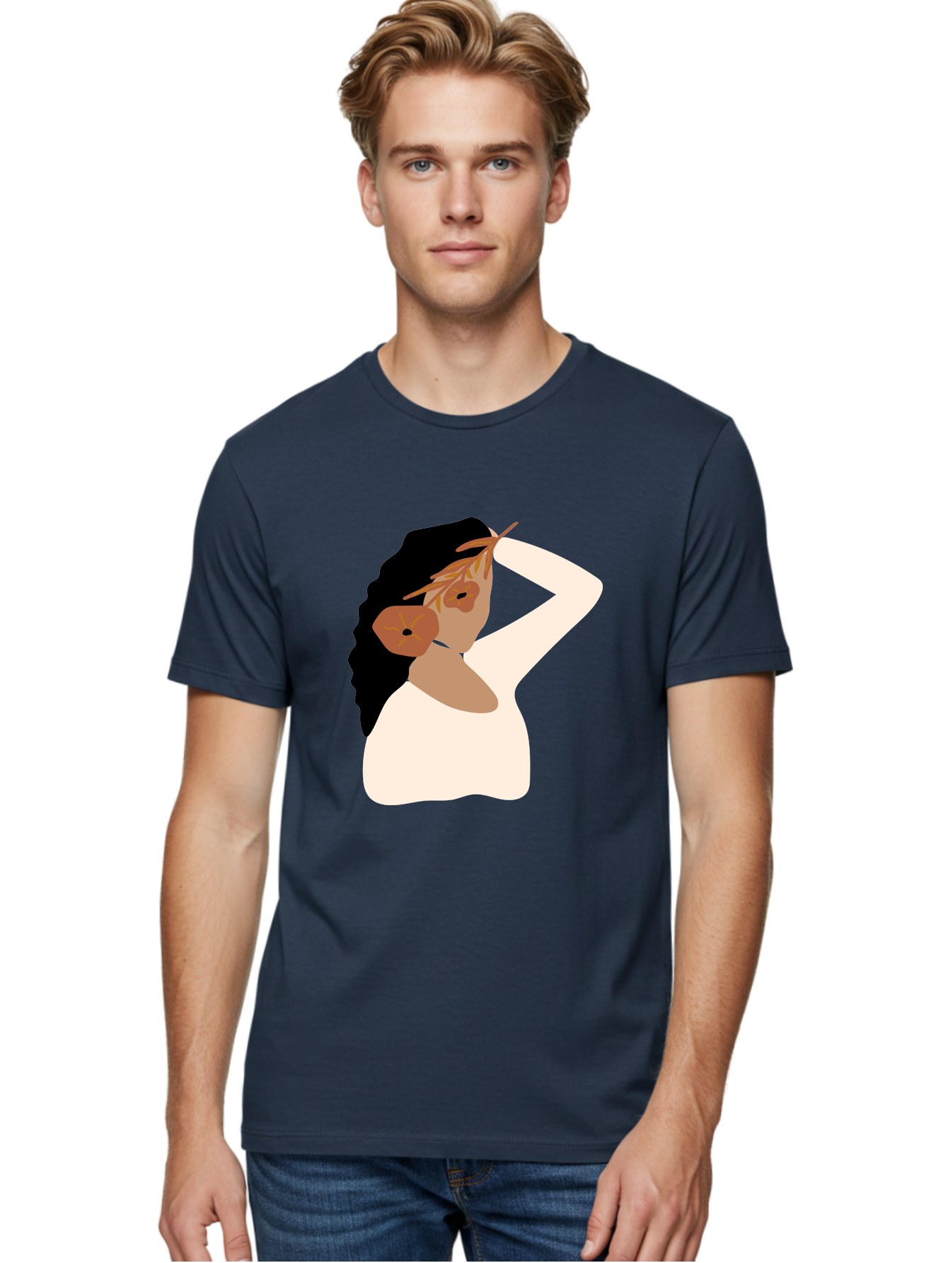 Woman-With-Flower-Earrings Men'S Graphic Tee, 100% Cotton, Comfortable Casual Summer Wear, Machine Washable, Woman With Comb In Hair, Stylized Portrait, Minimalist Art, Female Figure, Hair Accessory, Abstract Style, Modern Illustration, Aae072