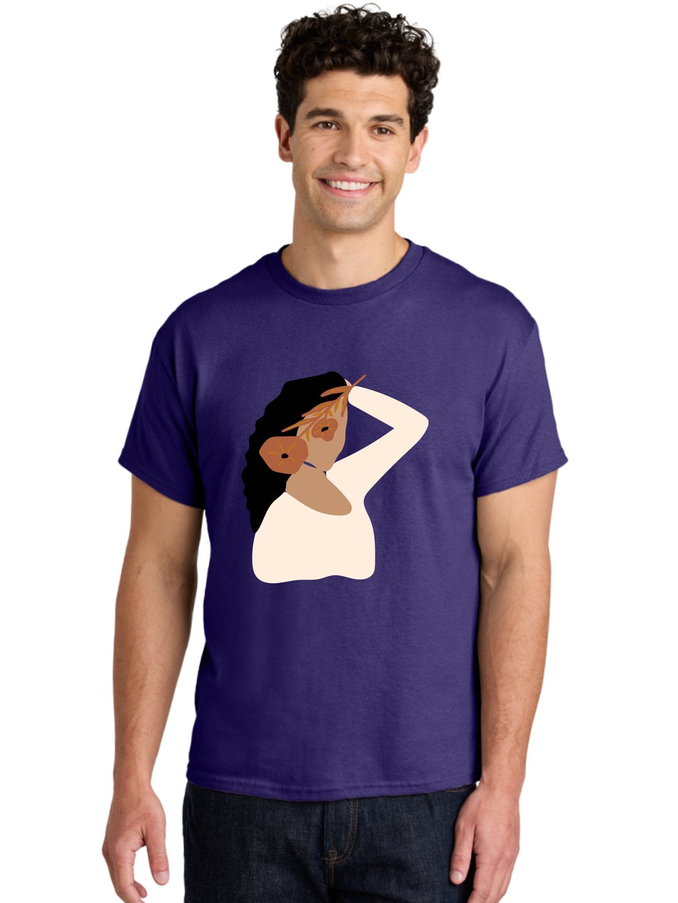 Woman-With-Flower-Earrings Men'S Graphic Tee, 100% Cotton, Comfortable Casual Summer Wear, Machine Washable, Woman With Comb In Hair, Stylized Portrait, Minimalist Art, Female Figure, Hair Accessory, Abstract Style, Modern Illustration, Aae072 26