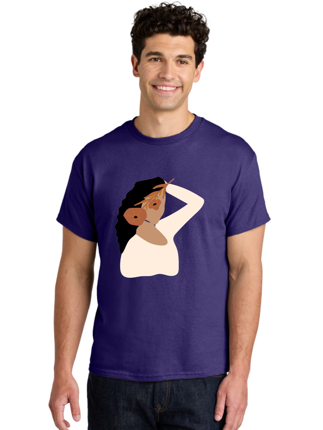 Woman-With-Flower-Earrings Men'S Graphic Tee, 100% Cotton, Comfortable Casual Summer Wear, Machine Washable, Woman With Comb In Hair, Stylized Portrait, Minimalist Art, Female Figure, Hair Accessory, Abstract Style, Modern Illustration, Aae072 10