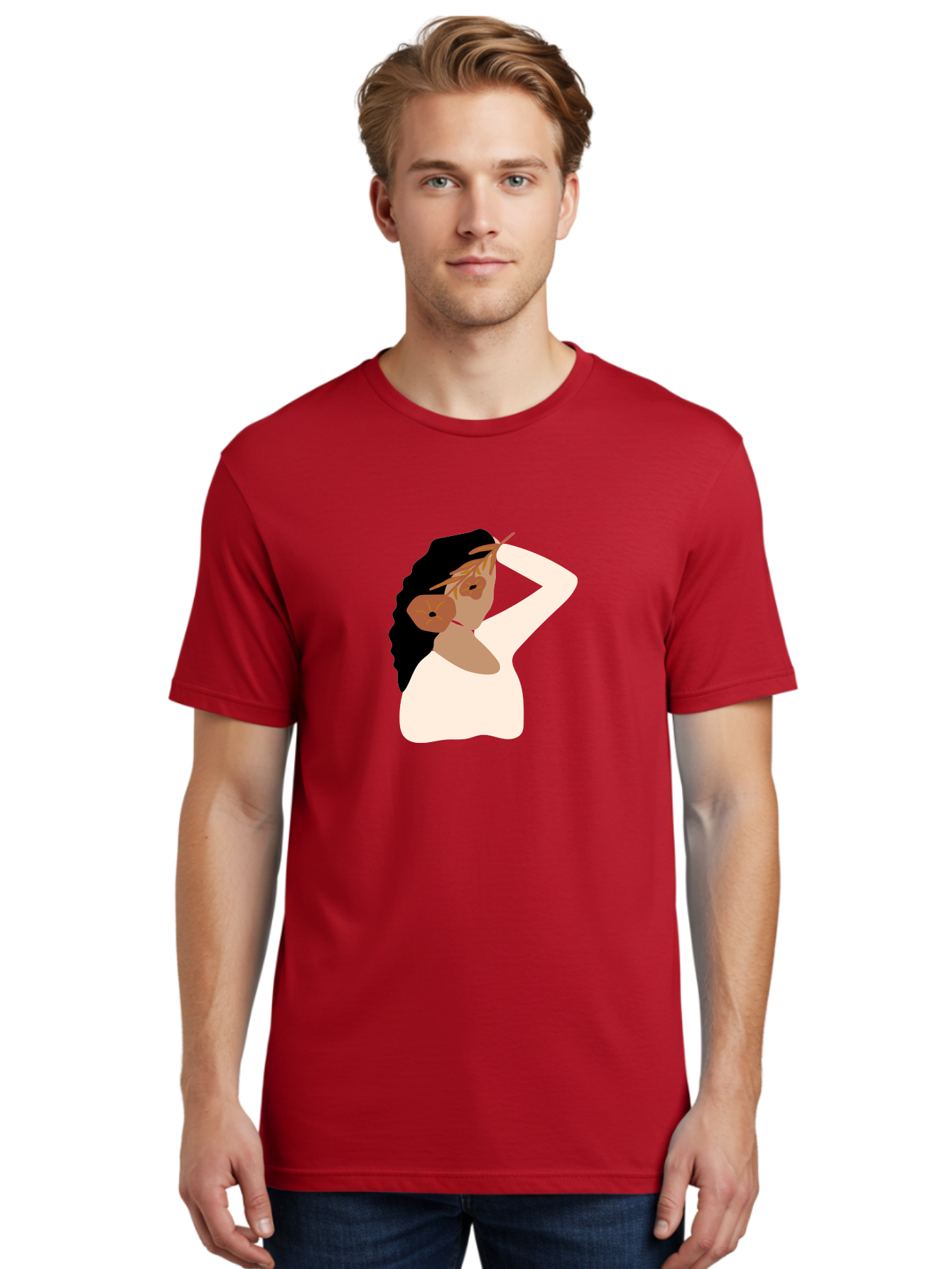 Woman-With-Flower-Earrings Men'S Graphic Tee, 100% Cotton, Comfortable Casual Summer Wear, Machine Washable, Woman With Comb In Hair, Stylized Portrait, Minimalist Art, Female Figure, Hair Accessory, Abstract Style, Modern Illustration, Aae072 20