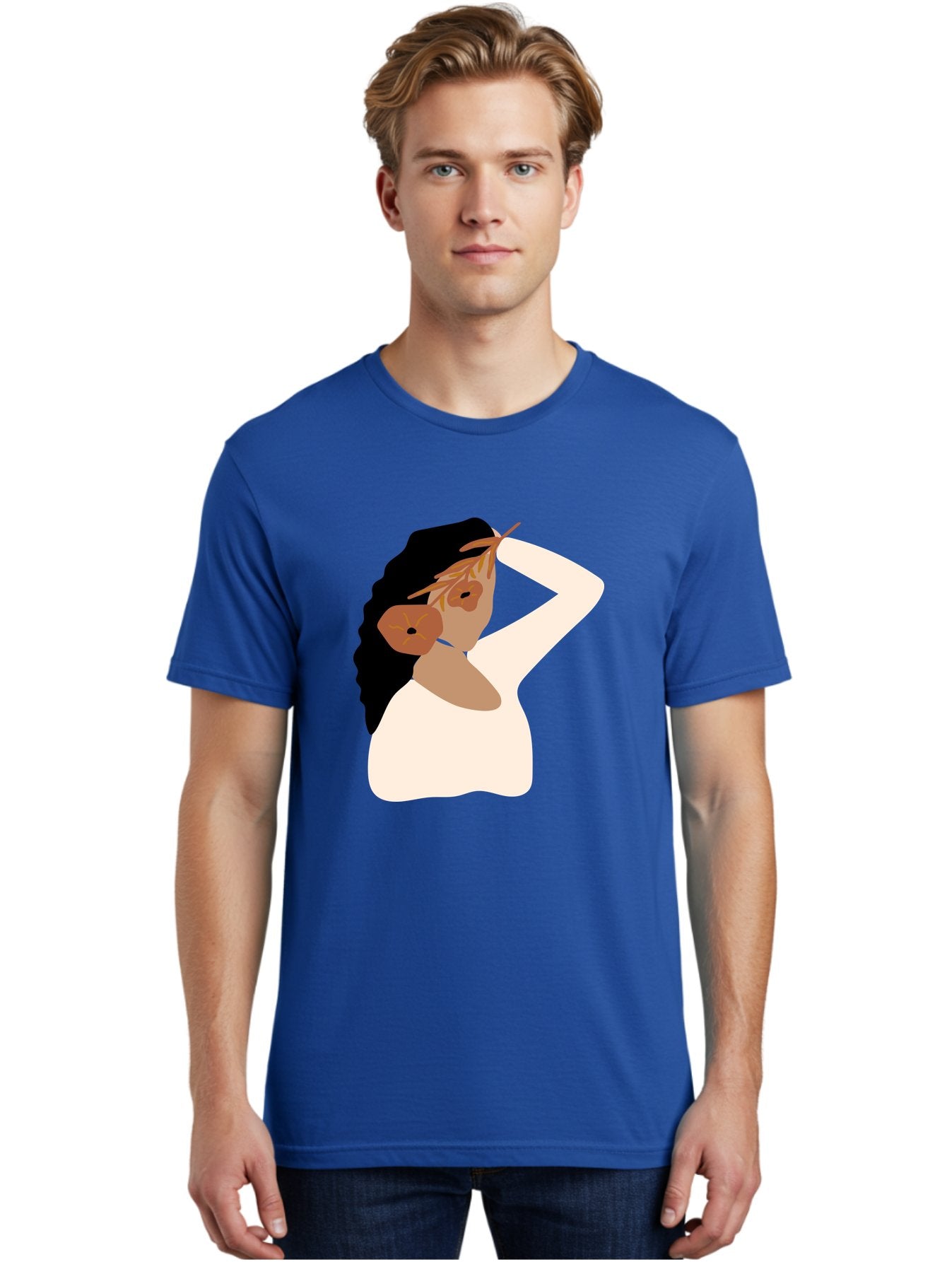 Woman-With-Flower-Earrings Men'S Graphic Tee, 100% Cotton, Comfortable Casual Summer Wear, Machine Washable, Woman With Comb In Hair, Stylized Portrait, Minimalist Art, Female Figure, Hair Accessory, Abstract Style, Modern Illustration, Aae072 29