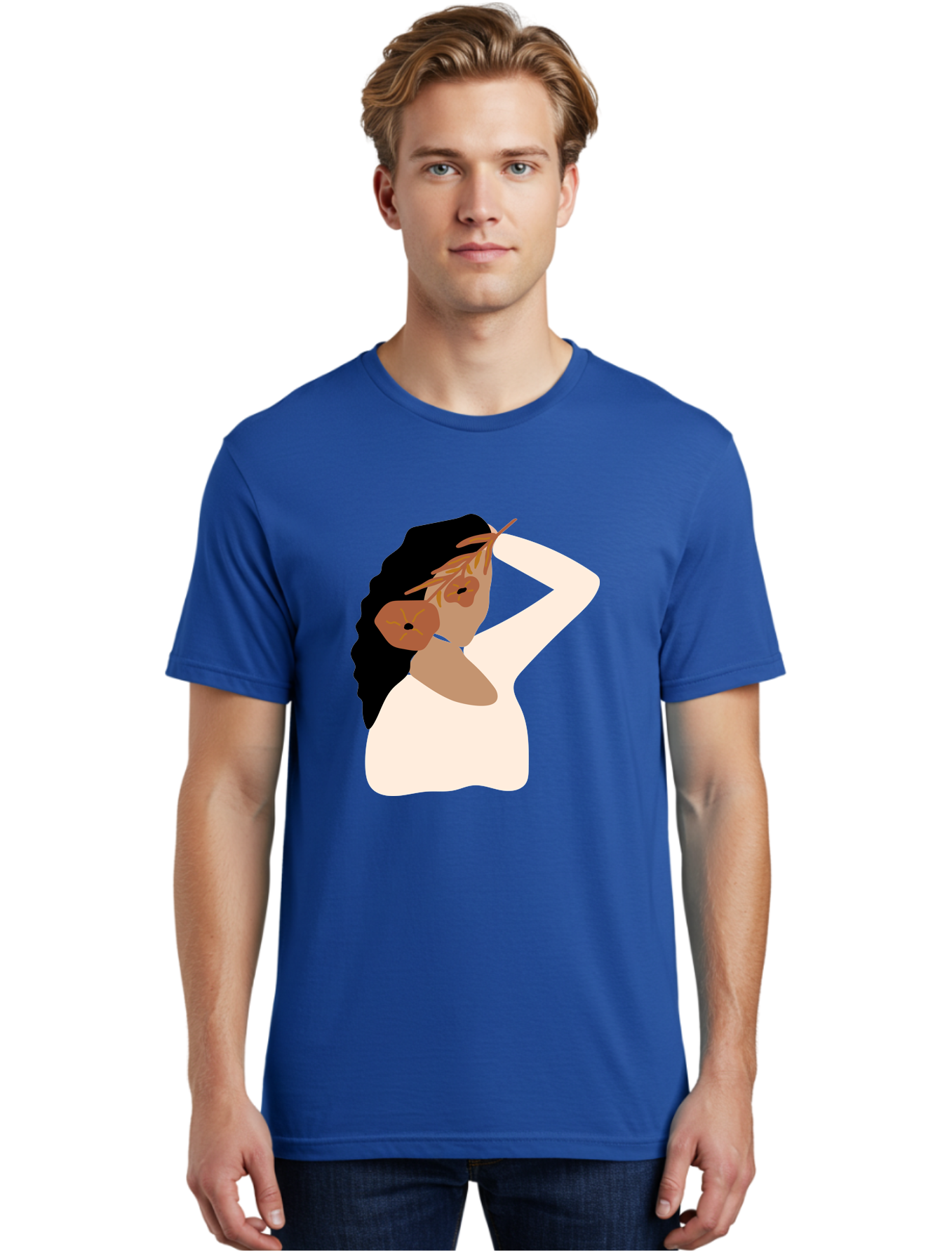 Woman-With-Flower-Earrings Men'S Graphic Tee, 100% Cotton, Comfortable Casual Summer Wear, Machine Washable, Woman With Comb In Hair, Stylized Portrait, Minimalist Art, Female Figure, Hair Accessory, Abstract Style, Modern Illustration, Aae072 4