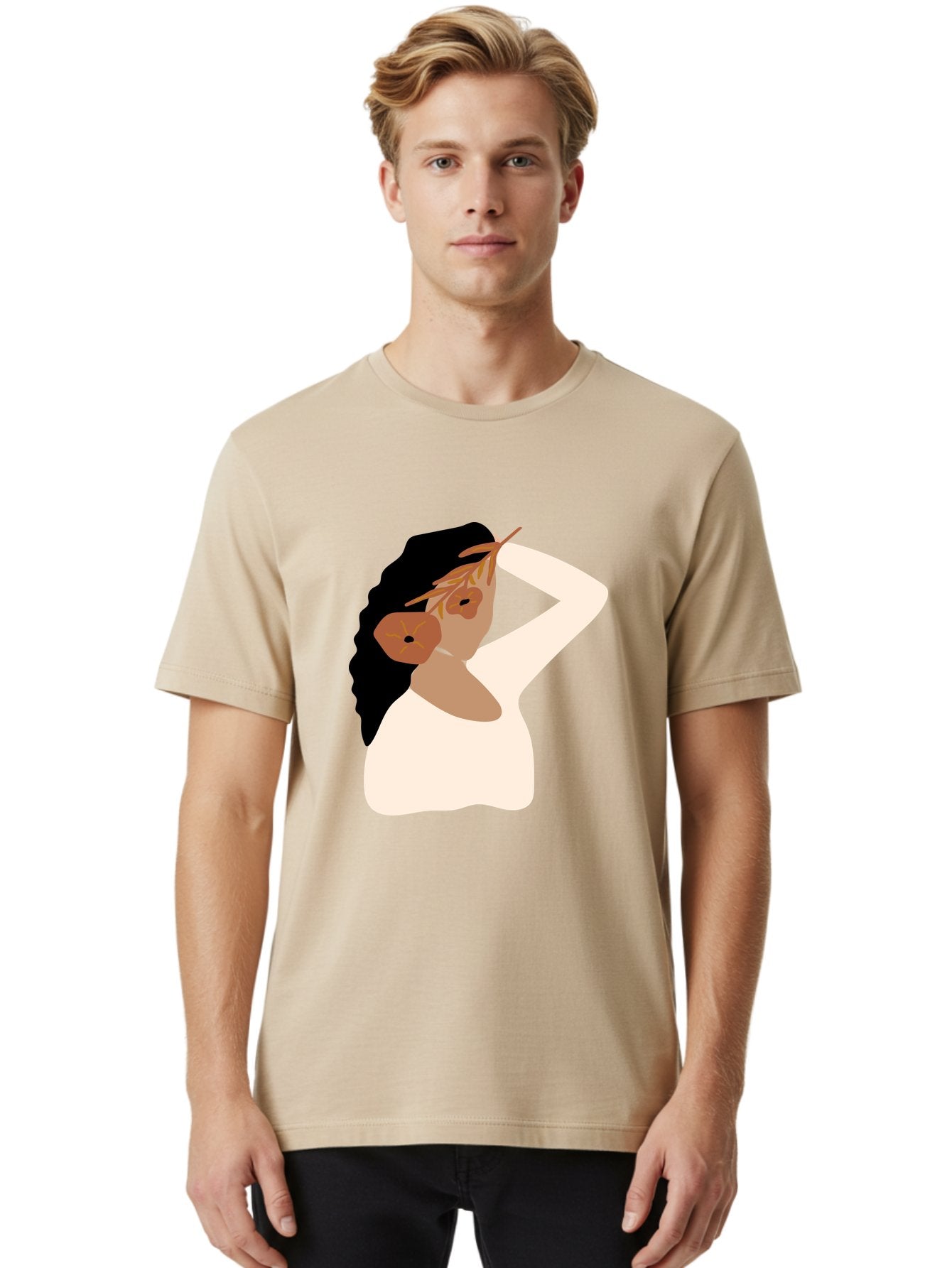 Woman-With-Flower-Earrings Men'S Graphic Tee, 100% Cotton, Comfortable Casual Summer Wear, Machine Washable, Woman With Comb In Hair, Stylized Portrait, Minimalist Art, Female Figure, Hair Accessory, Abstract Style, Modern Illustration, Aae072 22
