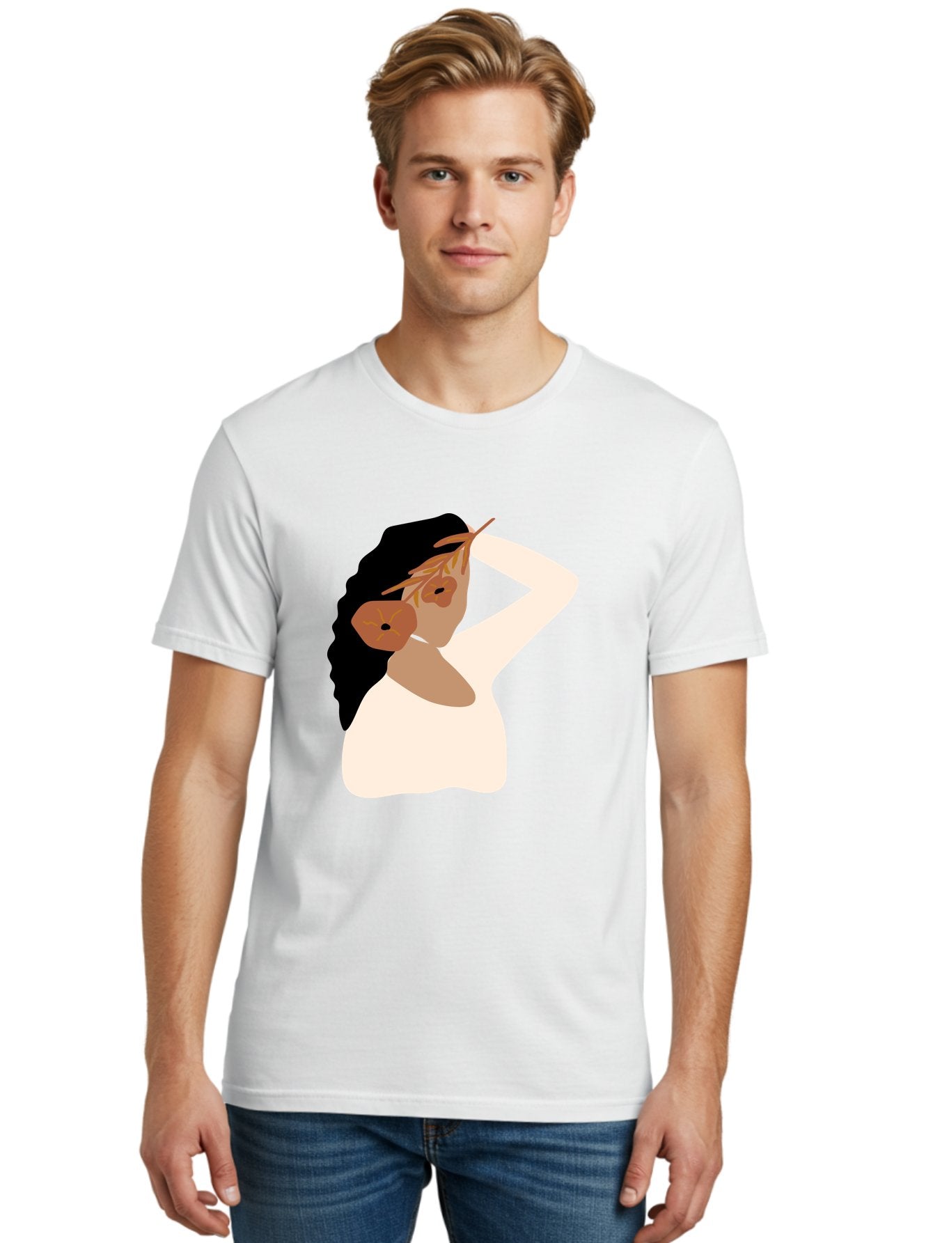 Woman-With-Flower-Earrings Men'S Graphic Tee, 100% Cotton, Comfortable Casual Summer Wear, Machine Washable, Woman With Comb In Hair, Stylized Portrait, Minimalist Art, Female Figure, Hair Accessory, Abstract Style, Modern Illustration, Aae072 28