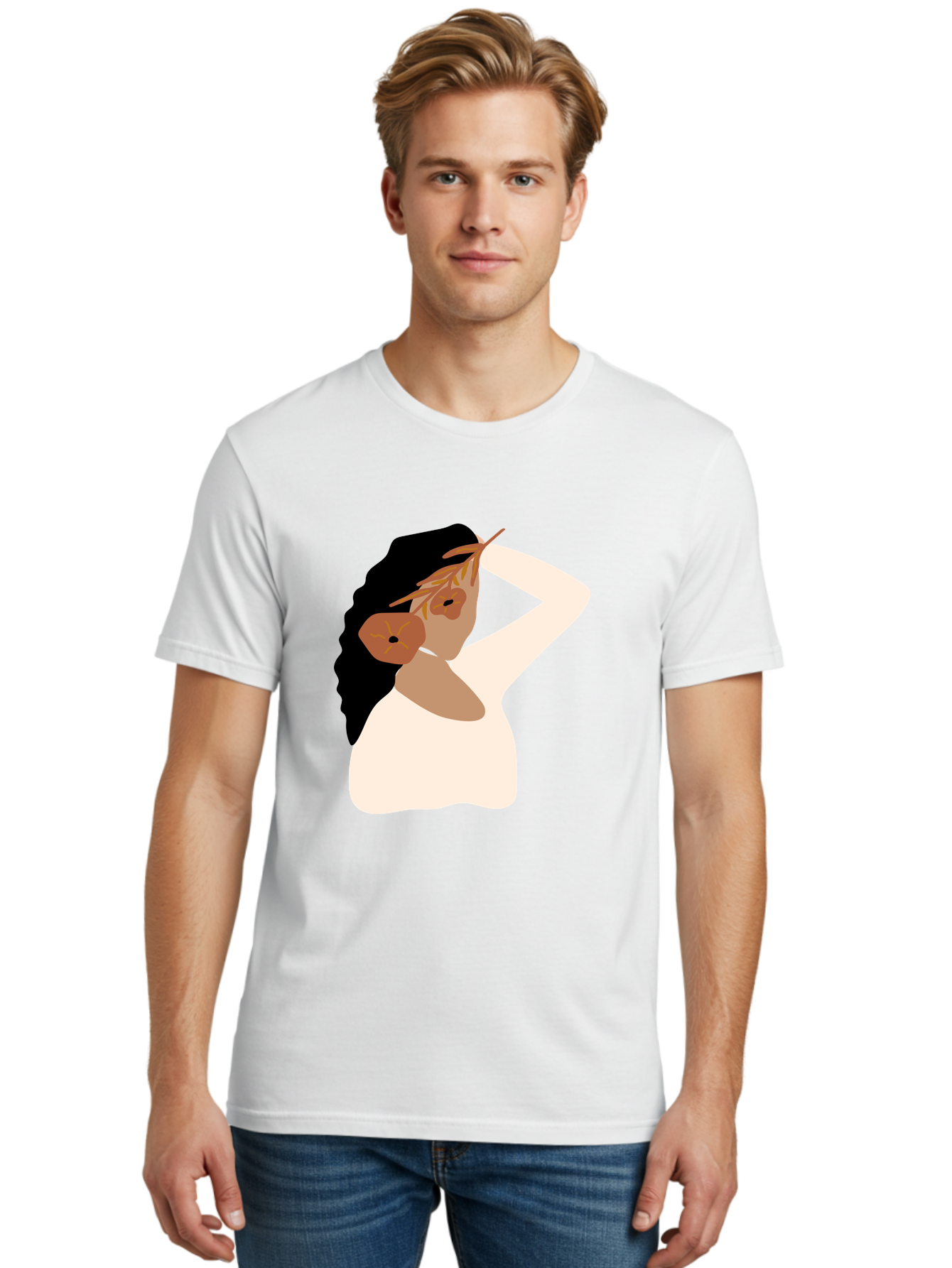 Woman-With-Flower-Earrings Men'S Graphic Tee, 100% Cotton, Comfortable Casual Summer Wear, Machine Washable, Woman With Comb In Hair, Stylized Portrait, Minimalist Art, Female Figure, Hair Accessory, Abstract Style, Modern Illustration, Aae072 6