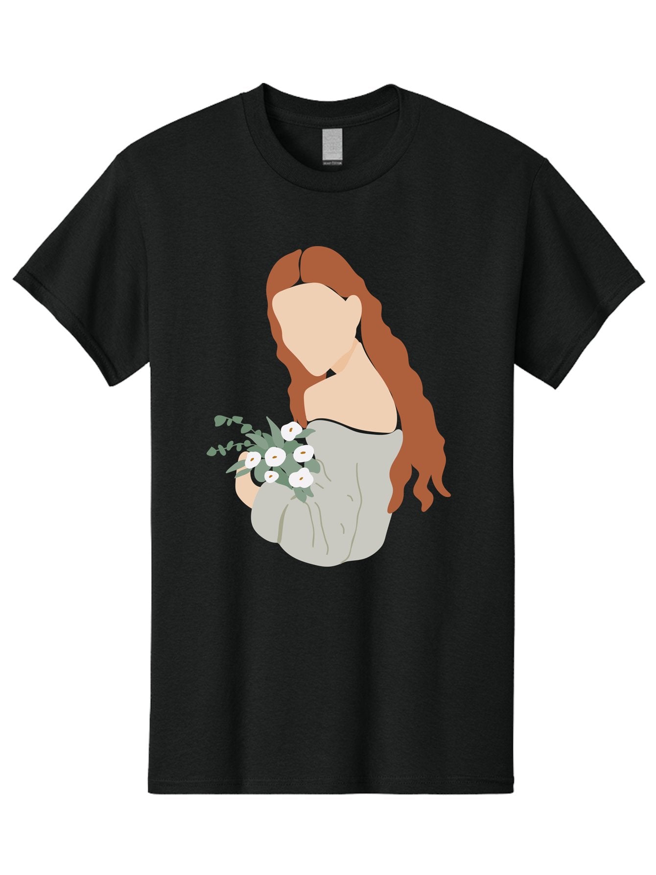 Woman-With-Flowers-1 Men'S Graphic Tee, 100% Cotton, Comfortable Casual Summer Wear, Machine Washable, Woman Holding Flowers, White Flowers, Long Red Hair, Braided Hairstyle, Grey Dress, Elegant, Femininity, Simplicity, Floral Arrangement, Aae073 15