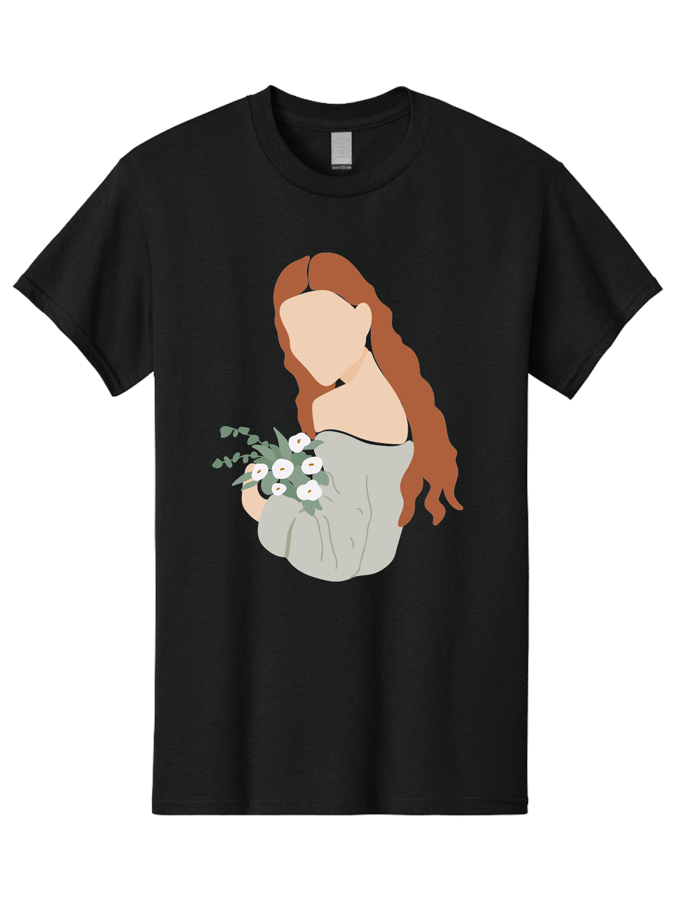 Woman-With-Flowers-1 Men'S Graphic Tee, 100% Cotton, Comfortable Casual Summer Wear, Machine Washable, Woman Holding Flowers, White Flowers, Long Red Hair, Braided Hairstyle, Grey Dress, Elegant, Femininity, Simplicity, Floral Arrangement, Aae073