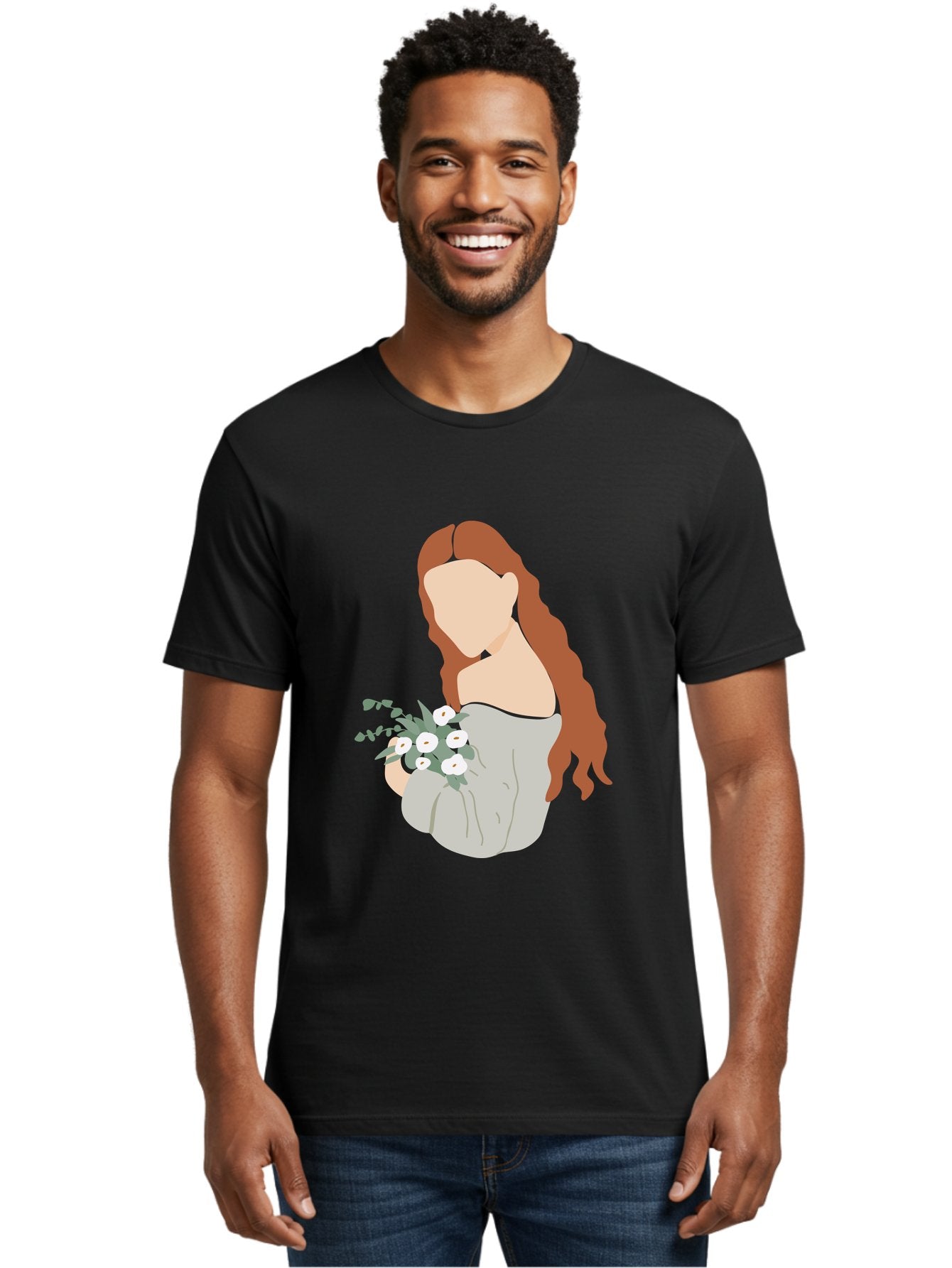 Woman-With-Flowers-1 Men'S Graphic Tee, 100% Cotton, Comfortable Casual Summer Wear, Machine Washable, Woman Holding Flowers, White Flowers, Long Red Hair, Braided Hairstyle, Grey Dress, Elegant, Femininity, Simplicity, Floral Arrangement, Aae073 30