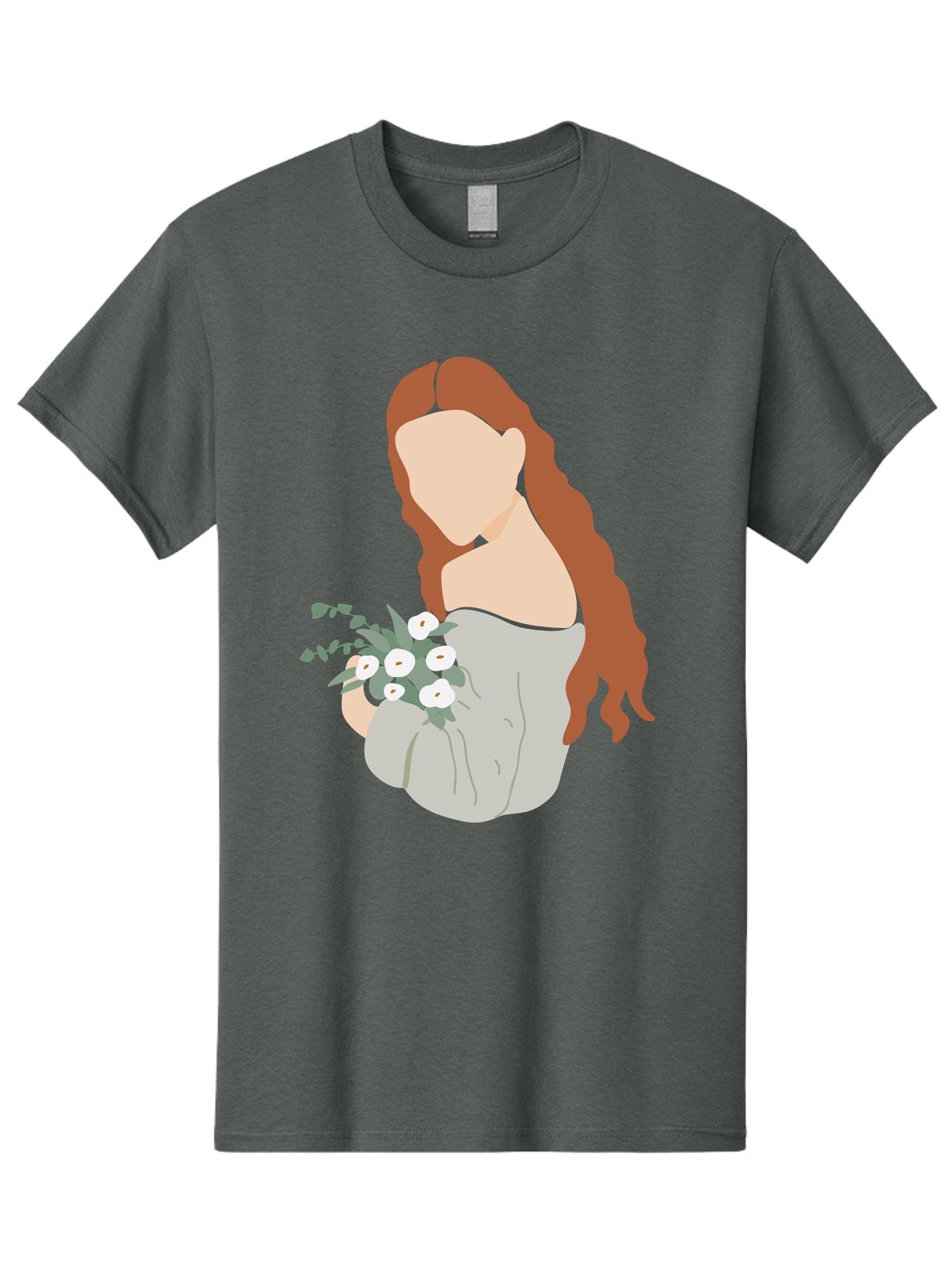 Woman-With-Flowers-1 Men'S Graphic Tee, 100% Cotton, Comfortable Casual Summer Wear, Machine Washable, Woman Holding Flowers, White Flowers, Long Red Hair, Braided Hairstyle, Grey Dress, Elegant, Femininity, Simplicity, Floral Arrangement, Aae073 12