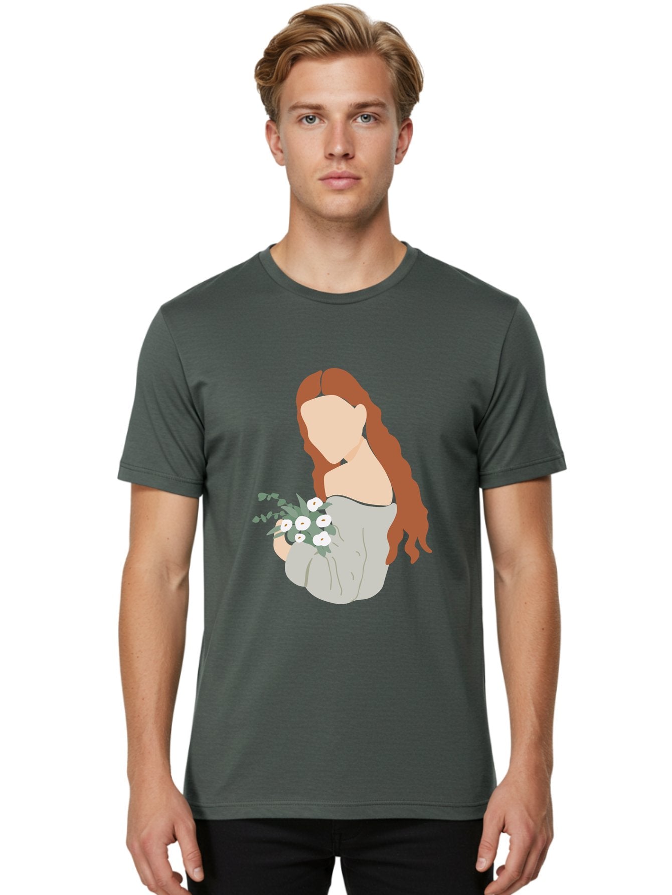 Woman-With-Flowers-1 Men'S Graphic Tee, 100% Cotton, Comfortable Casual Summer Wear, Machine Washable, Woman Holding Flowers, White Flowers, Long Red Hair, Braided Hairstyle, Grey Dress, Elegant, Femininity, Simplicity, Floral Arrangement, Aae073 28
