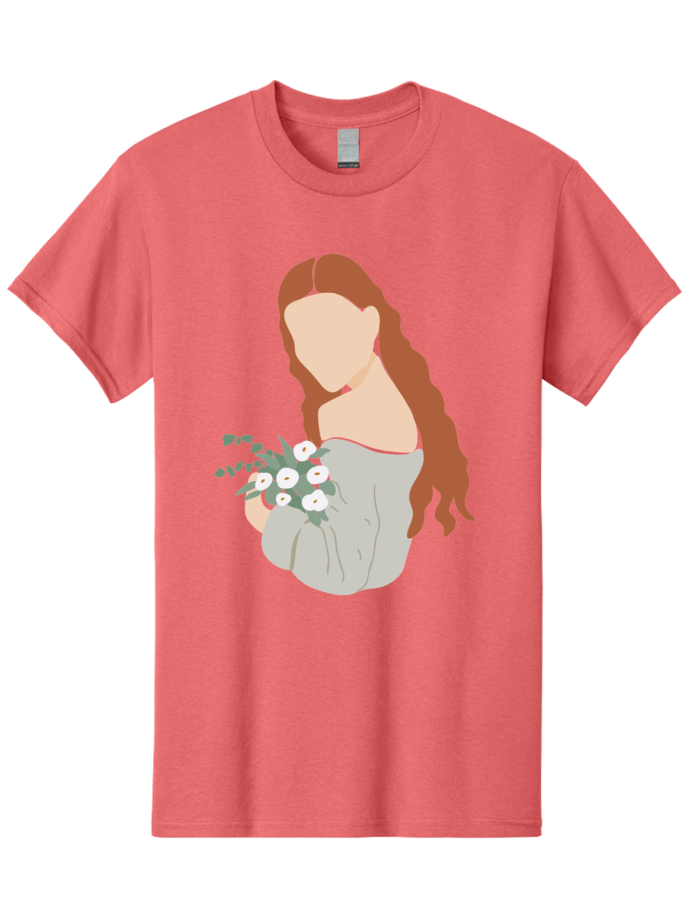 Woman-With-Flowers-1 Men'S Graphic Tee, 100% Cotton, Comfortable Casual Summer Wear, Machine Washable, Woman Holding Flowers, White Flowers, Long Red Hair, Braided Hairstyle, Grey Dress, Elegant, Femininity, Simplicity, Floral Arrangement, Aae073 23