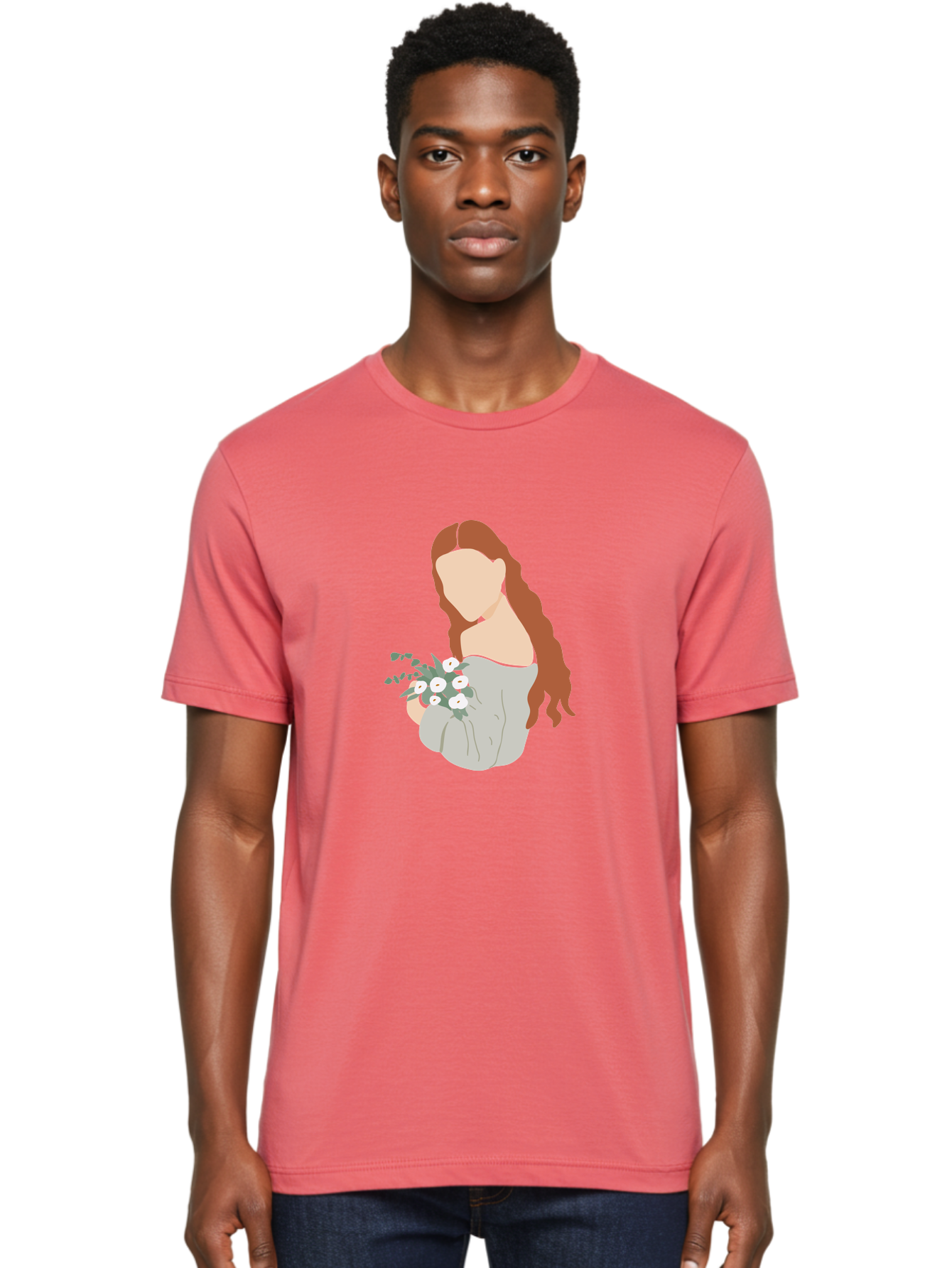 Woman-With-Flowers-1 Men'S Graphic Tee, 100% Cotton, Comfortable Casual Summer Wear, Machine Washable, Woman Holding Flowers, White Flowers, Long Red Hair, Braided Hairstyle, Grey Dress, Elegant, Femininity, Simplicity, Floral Arrangement, Aae073 24