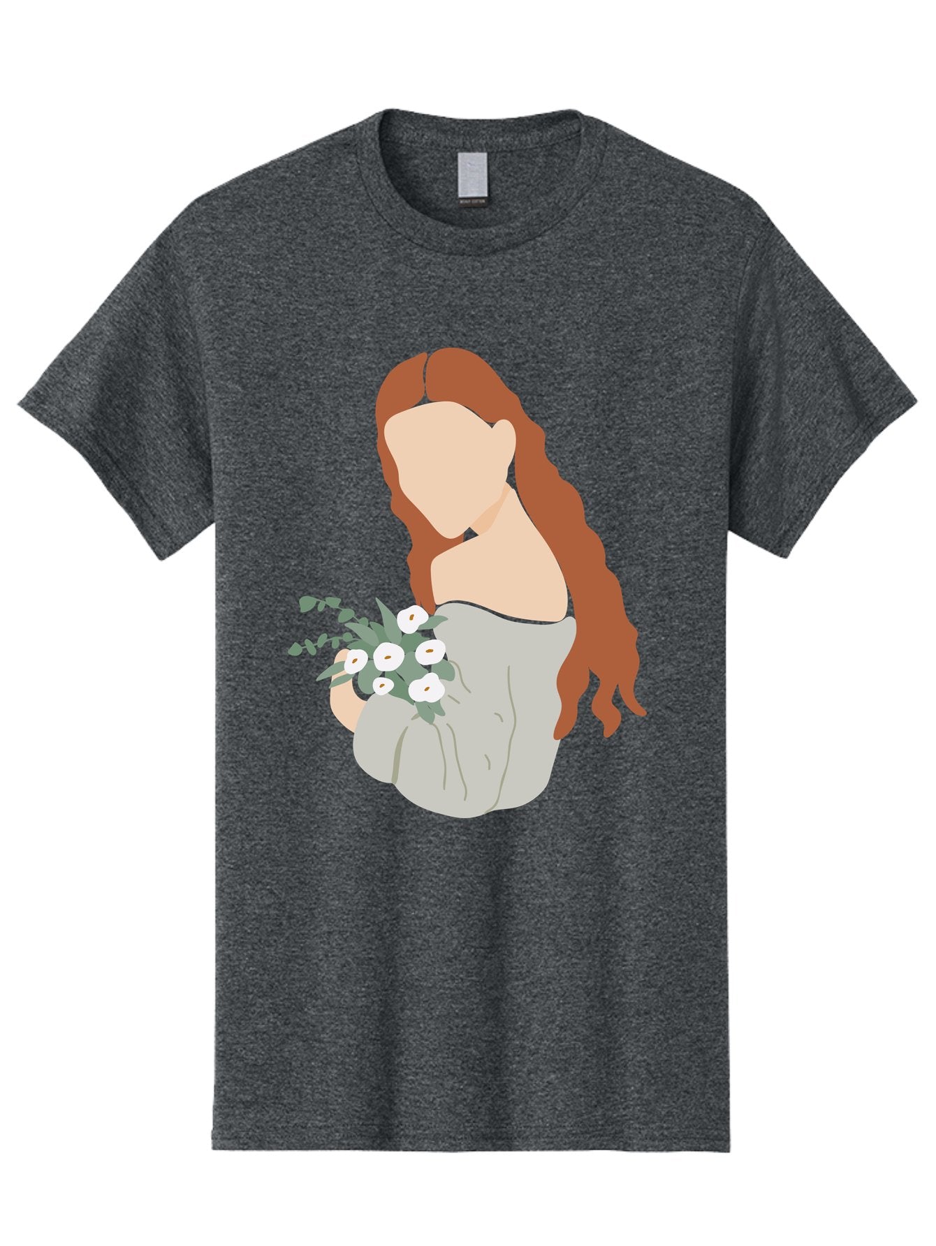 Woman-With-Flowers-1 Men'S Graphic Tee, 100% Cotton, Comfortable Casual Summer Wear, Machine Washable, Woman Holding Flowers, White Flowers, Long Red Hair, Braided Hairstyle, Grey Dress, Elegant, Femininity, Simplicity, Floral Arrangement, Aae073