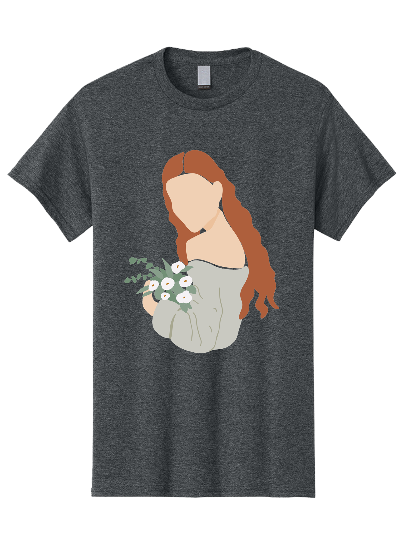 Woman-With-Flowers-1 Men'S Graphic Tee, 100% Cotton, Comfortable Casual Summer Wear, Machine Washable, Woman Holding Flowers, White Flowers, Long Red Hair, Braided Hairstyle, Grey Dress, Elegant, Femininity, Simplicity, Floral Arrangement, Aae073 19