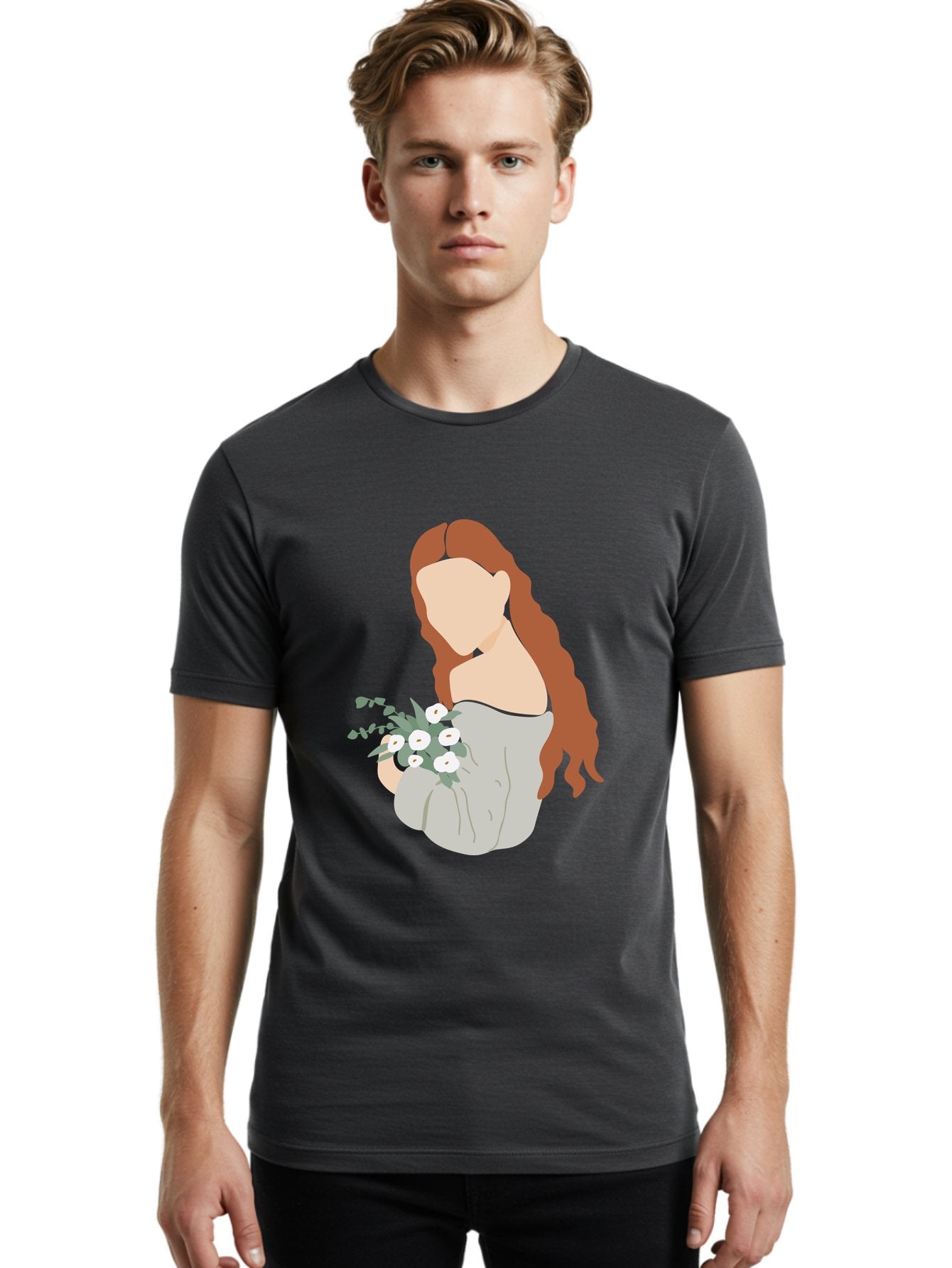 Woman-With-Flowers-1 Men'S Graphic Tee, 100% Cotton, Comfortable Casual Summer Wear, Machine Washable, Woman Holding Flowers, White Flowers, Long Red Hair, Braided Hairstyle, Grey Dress, Elegant, Femininity, Simplicity, Floral Arrangement, Aae073 21