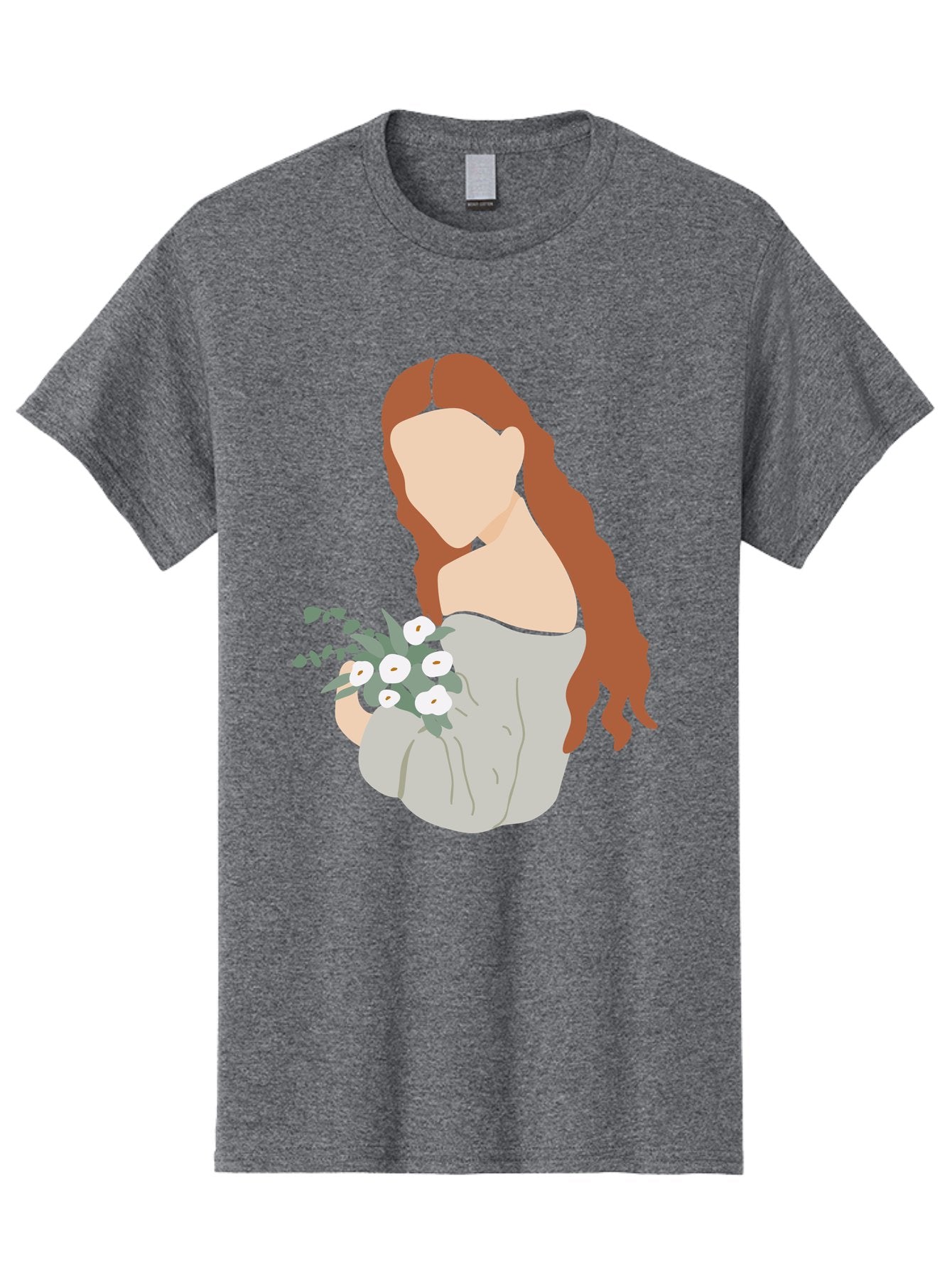 Woman-With-Flowers-1 Men'S Graphic Tee, 100% Cotton, Comfortable Casual Summer Wear, Machine Washable, Woman Holding Flowers, White Flowers, Long Red Hair, Braided Hairstyle, Grey Dress, Elegant, Femininity, Simplicity, Floral Arrangement, Aae073 5