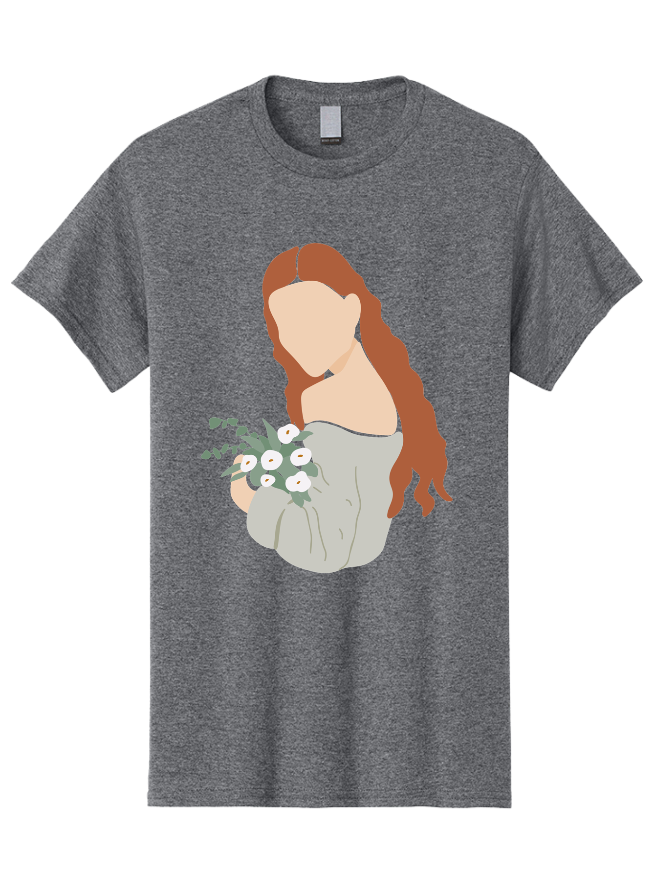 Woman-With-Flowers-1 Men'S Graphic Tee, 100% Cotton, Comfortable Casual Summer Wear, Machine Washable, Woman Holding Flowers, White Flowers, Long Red Hair, Braided Hairstyle, Grey Dress, Elegant, Femininity, Simplicity, Floral Arrangement, Aae073 15