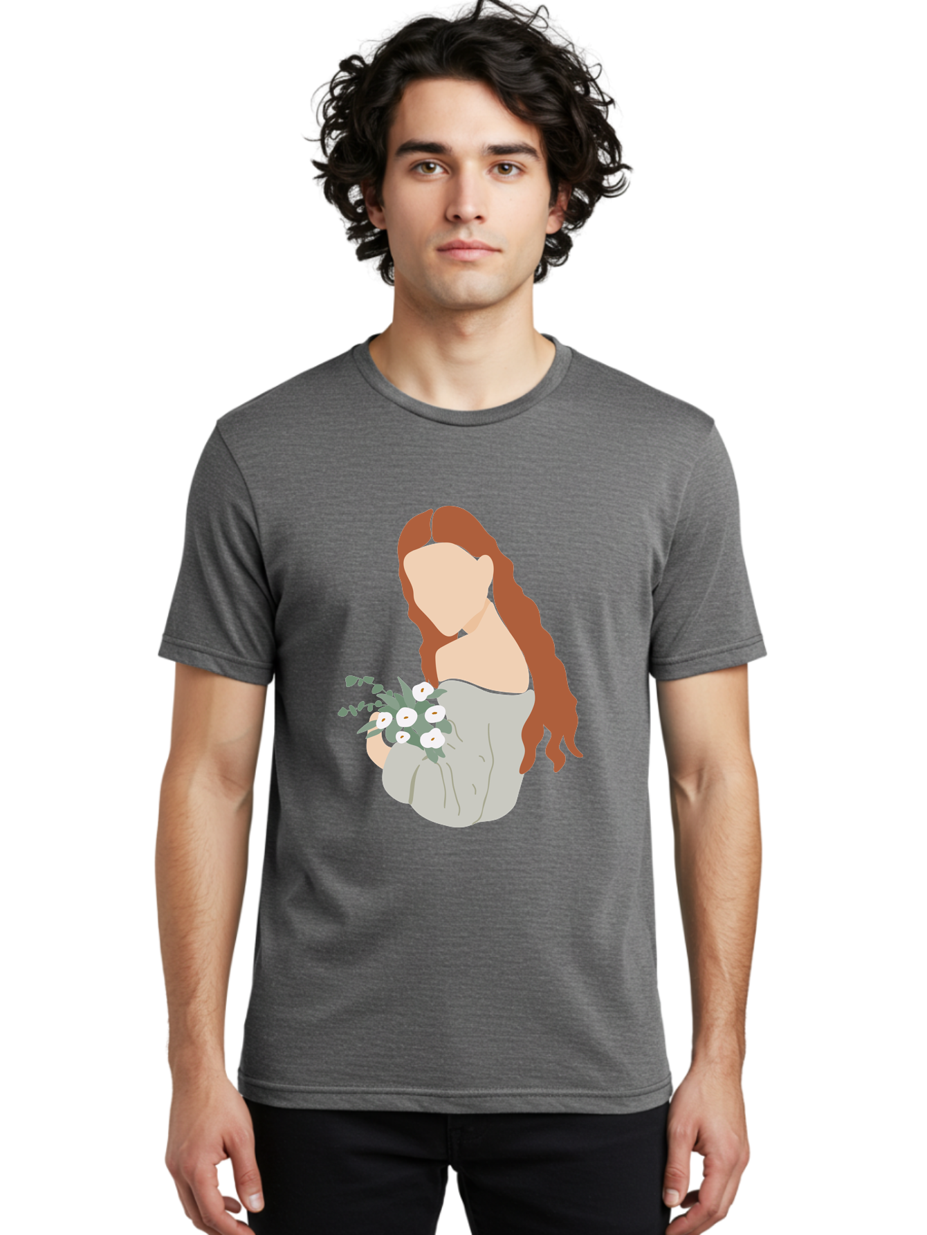 Woman-With-Flowers-1 Men'S Graphic Tee, 100% Cotton, Comfortable Casual Summer Wear, Machine Washable, Woman Holding Flowers, White Flowers, Long Red Hair, Braided Hairstyle, Grey Dress, Elegant, Femininity, Simplicity, Floral Arrangement, Aae073 16