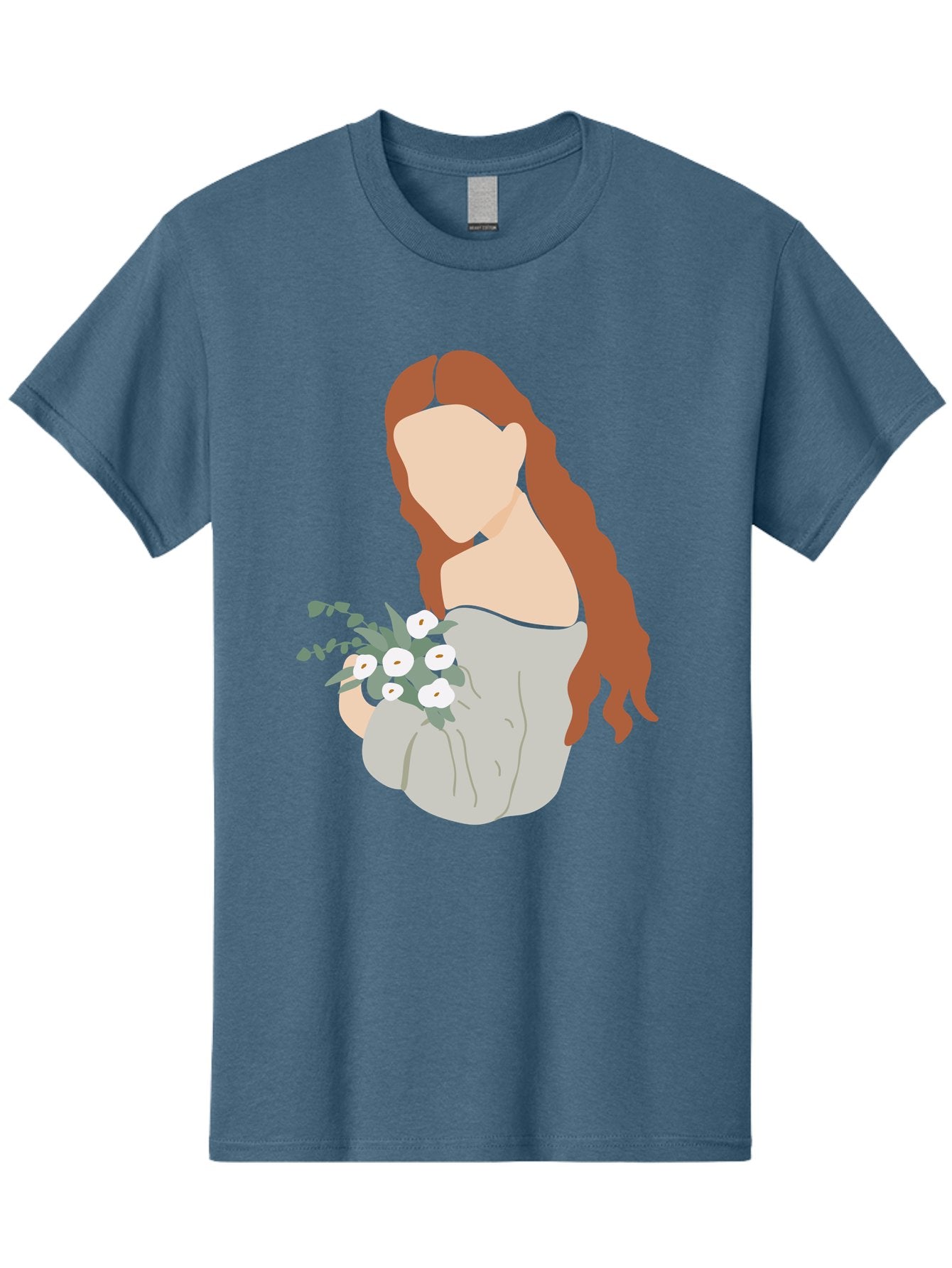 Woman-With-Flowers-1 Men'S Graphic Tee, 100% Cotton, Comfortable Casual Summer Wear, Machine Washable, Woman Holding Flowers, White Flowers, Long Red Hair, Braided Hairstyle, Grey Dress, Elegant, Femininity, Simplicity, Floral Arrangement, Aae073 14