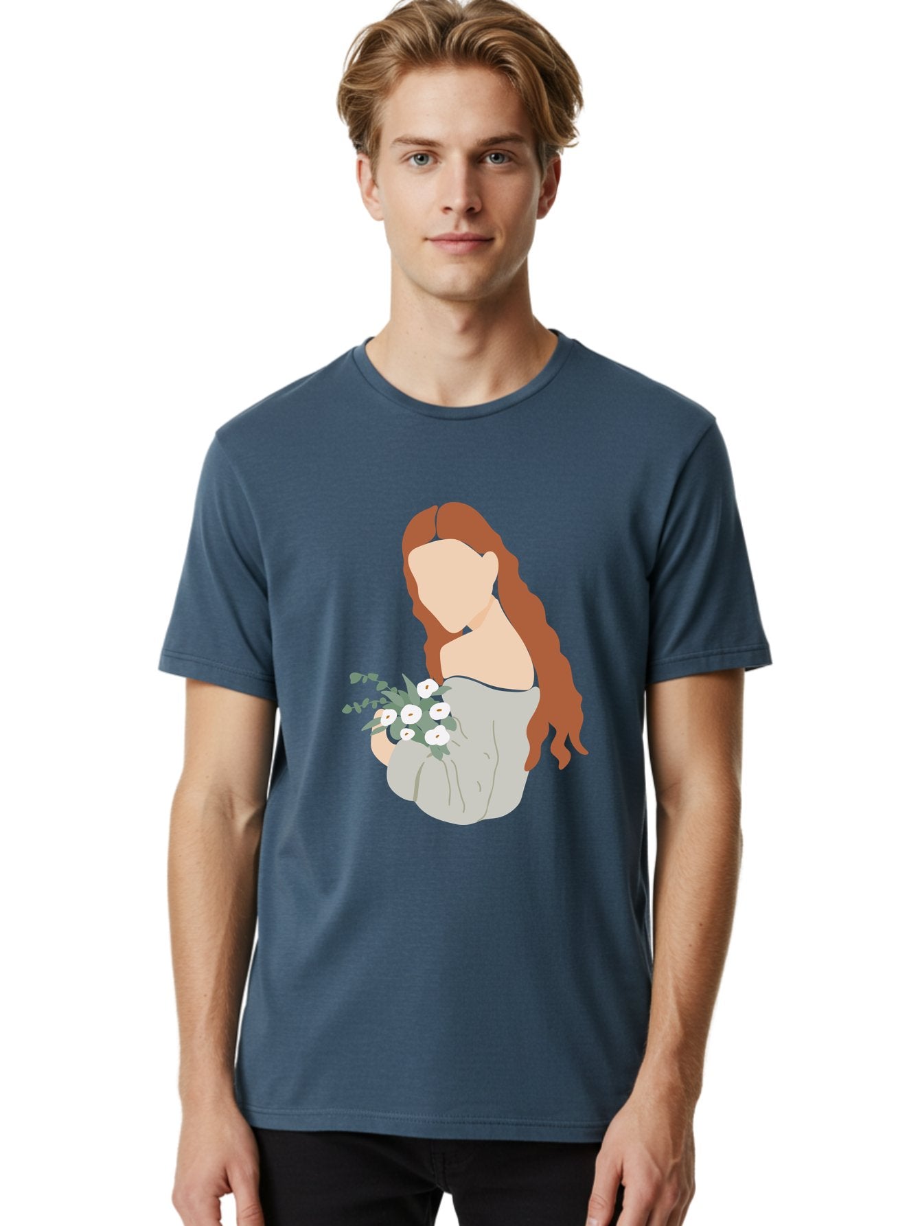 Woman-With-Flowers-1 Men'S Graphic Tee, 100% Cotton, Comfortable Casual Summer Wear, Machine Washable, Woman Holding Flowers, White Flowers, Long Red Hair, Braided Hairstyle, Grey Dress, Elegant, Femininity, Simplicity, Floral Arrangement, Aae073 29